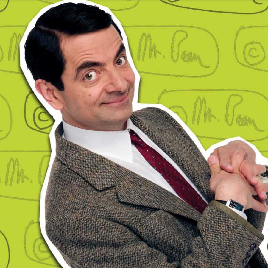 豆豆先生 桌布 壁紙 — Mr Bean 穿著粗花呢西裝，在萊姆綠背景上露出頑皮的笑容，並帶有他的標誌性塗鴉。