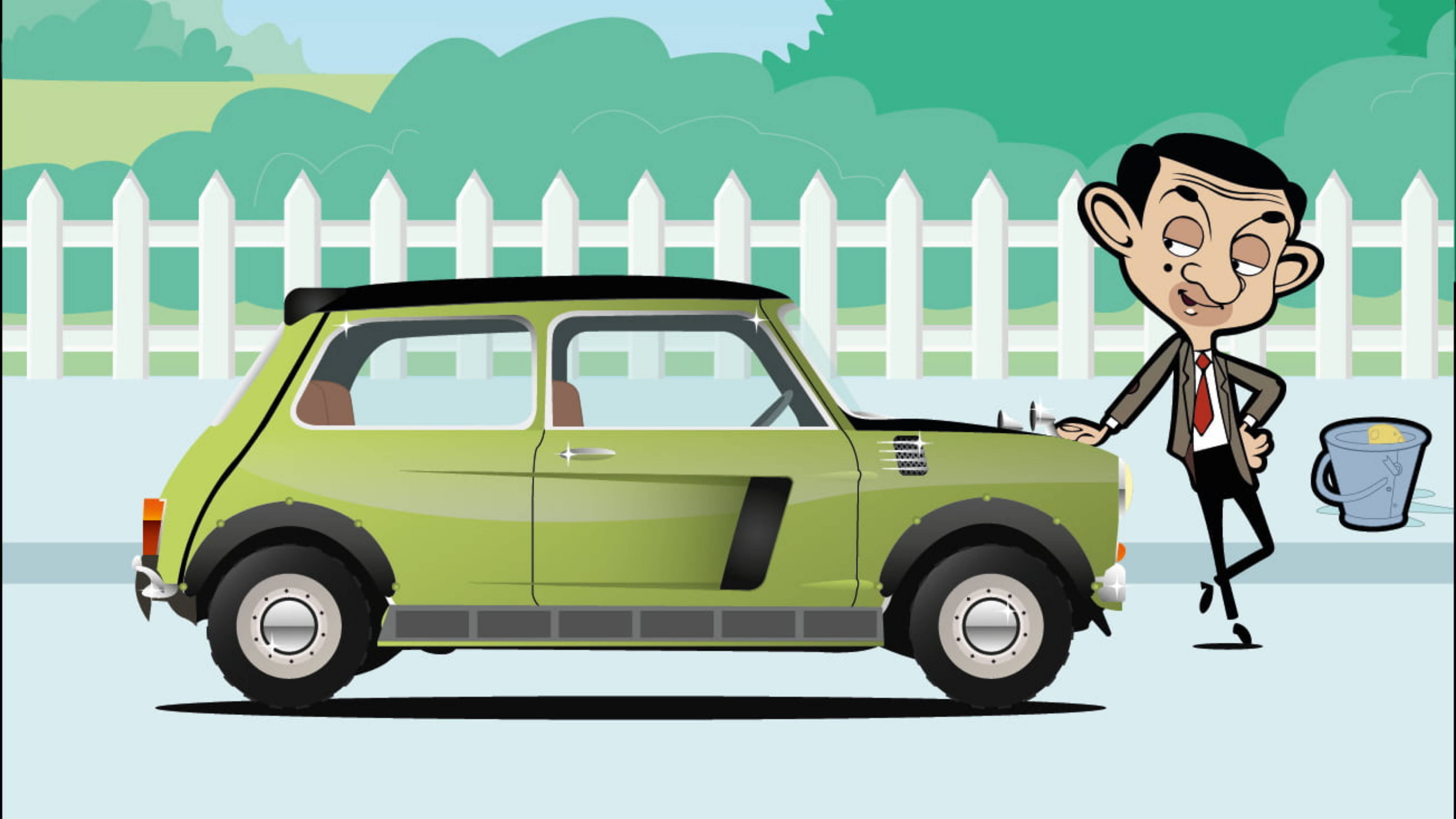 Funny Cartoon 桌布 壁紙 — Mr Bean 站在一輛萊姆綠色的 Mini Cooper 旁邊，附近有一個水桶，卡通插圖。