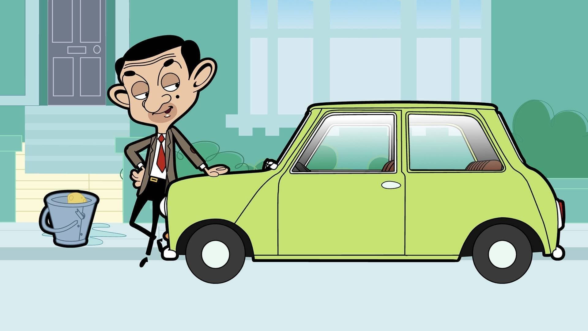 豆豆先生 桌布 壁紙 — Mr Bean 站在一輛萊姆綠色的 Mini Cooper 旁邊，附近有一個裝著肥皂水的水桶，是一幅卡通插圖。