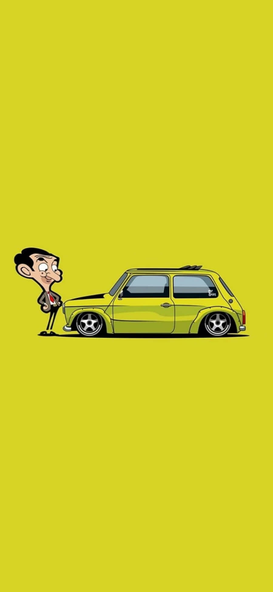 豆豆先生 桌布 壁紙 — Mr Bean 站在他的萊姆綠色經典汽車旁邊，背景是純黃色。