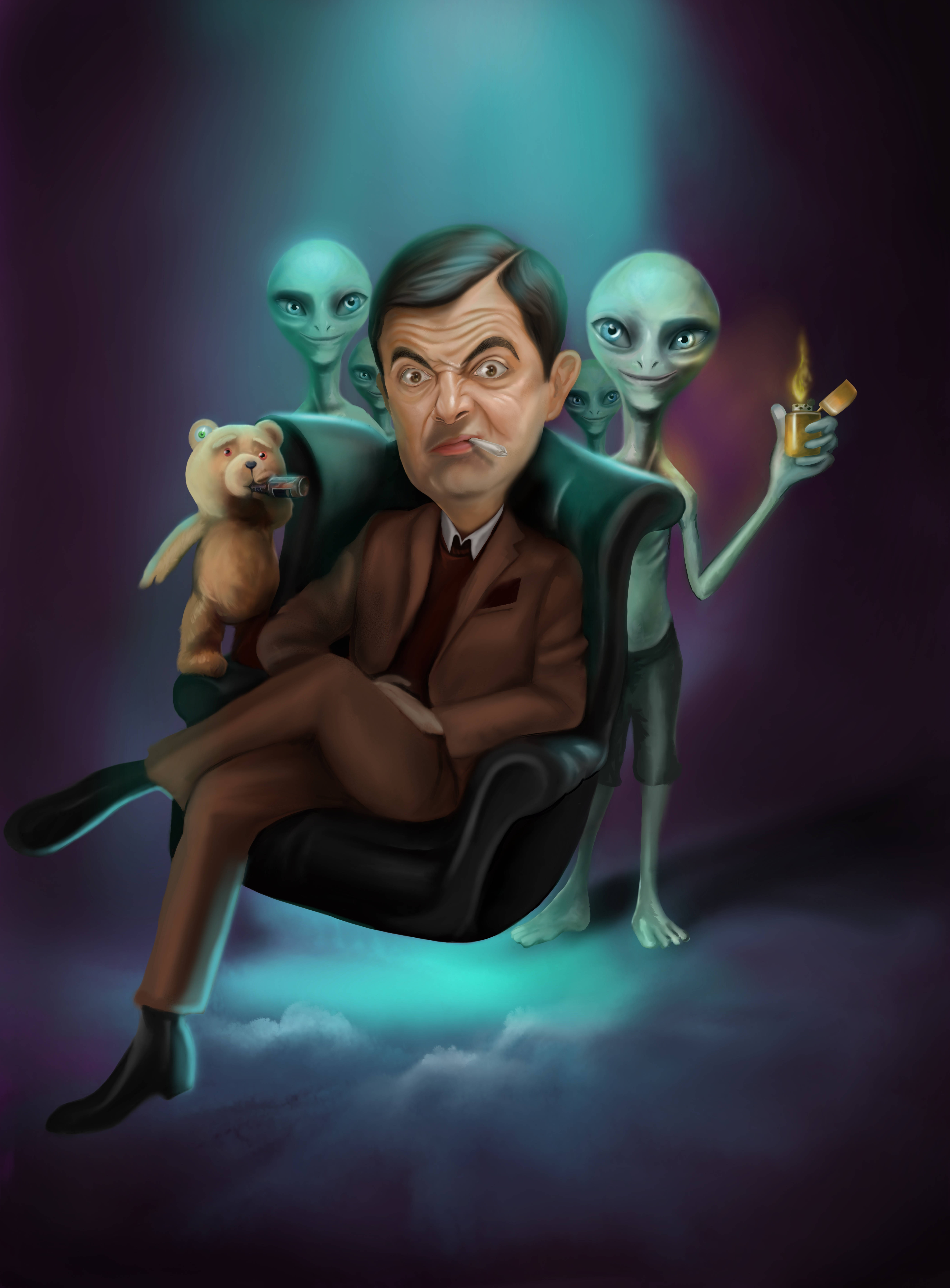 Mr. Bean 自鳴得意地坐在椅子上，被綠色外星人包圍，一個拿著打火機，另一個拿著一隻叼著煙的泰迪熊。 — 外星人 GIF 壁紙