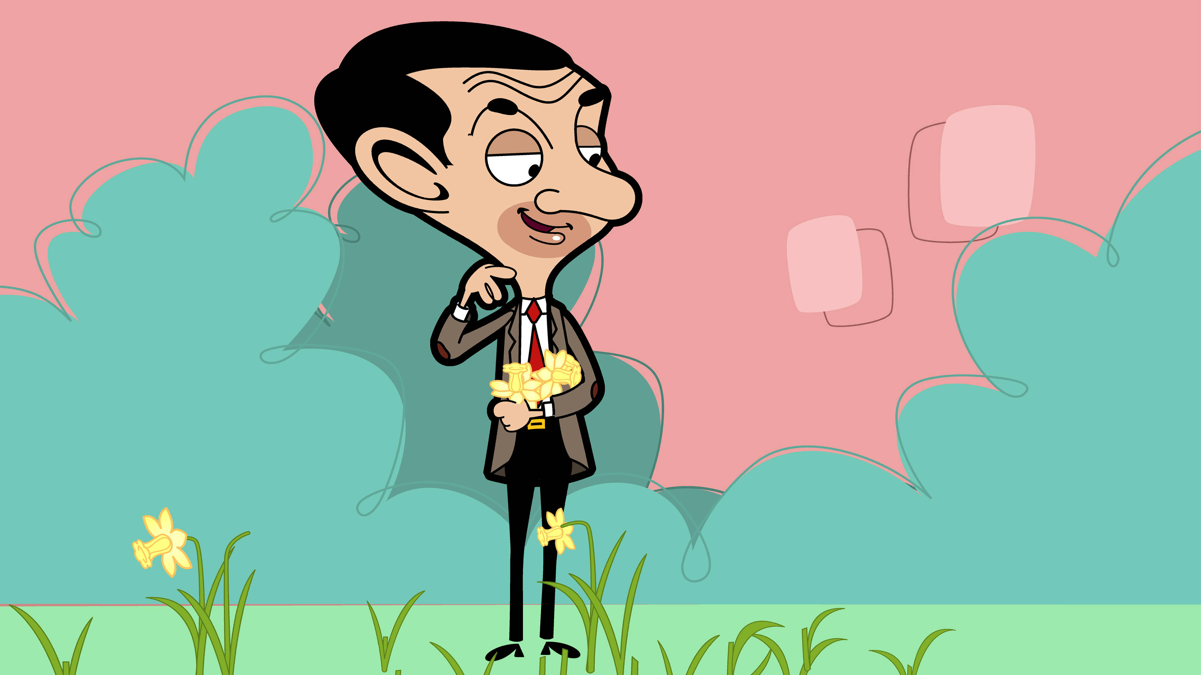 Mr Bean 桌布 壁紙 — Mr Bean以卡通風格在草地上拿著黃色花朵，天空粉紅色，灌木叢青綠色。