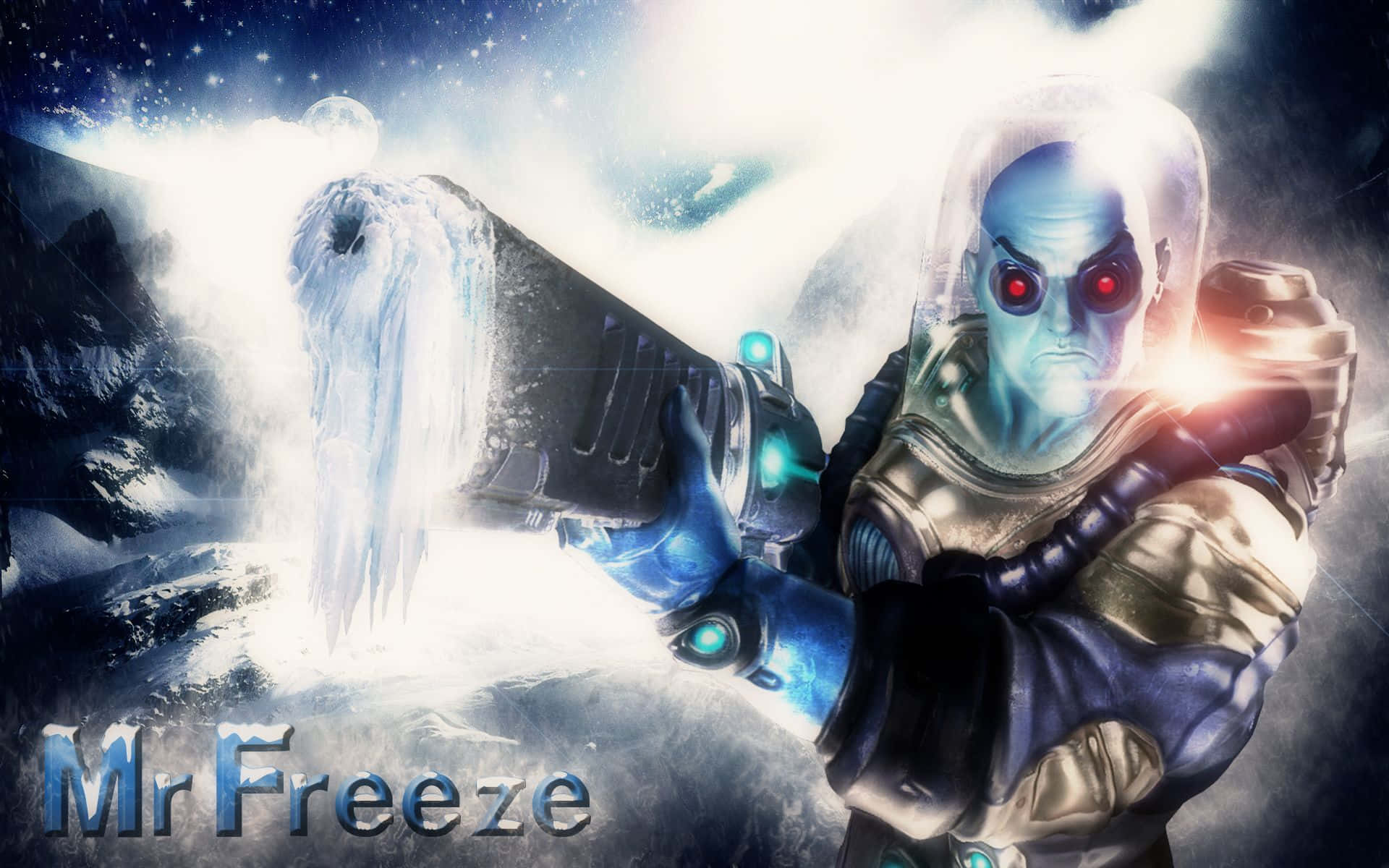 Mr Freeze 桌布 壁紙 — Mr Freeze 站在雪地荒原中，在星空下發射冰霜砲。