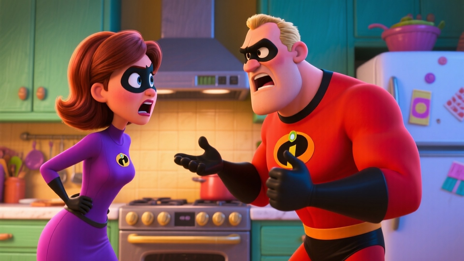 Domestic Dispute 壁紙 — Mr. Incredible 和 Elastigirl 在一個色彩繽紛的動畫廚房裡激烈爭論，廚房有綠色櫥櫃和一個不鏽鋼爐灶。