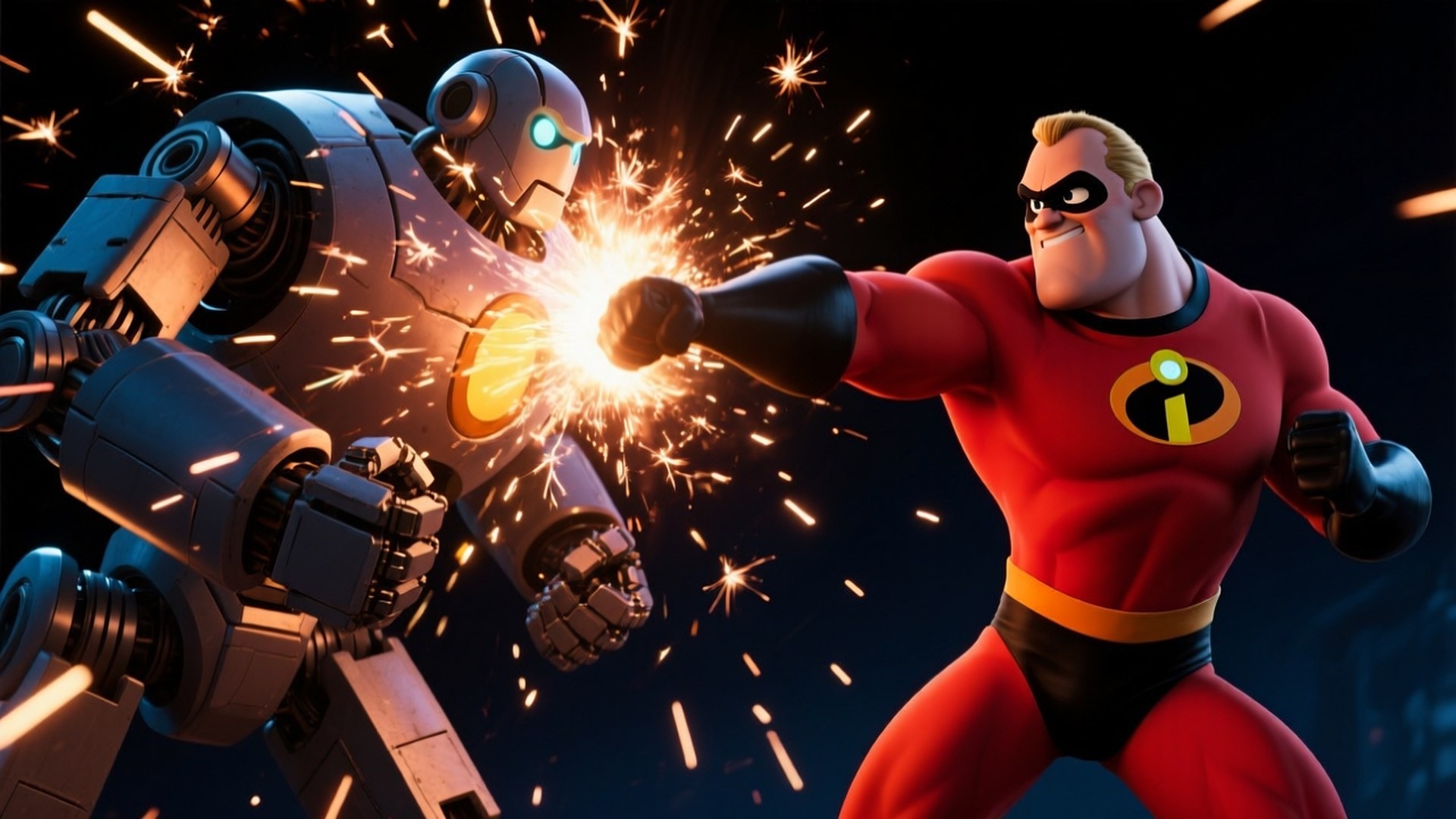 Robot Showdown 壁紙 — Mr. Incredible 在動態動作場景中拳擊機器人，明亮的火花在黑暗背景中飛舞。
