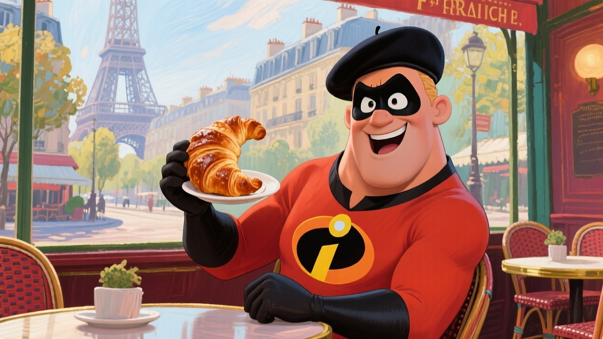 Parisian Incredible 壁紙 — Mr. Incredible 身穿紅色超級英雄套裝，在巴黎咖啡館微笑著拿著可頌，外面可見艾菲爾鐵塔。