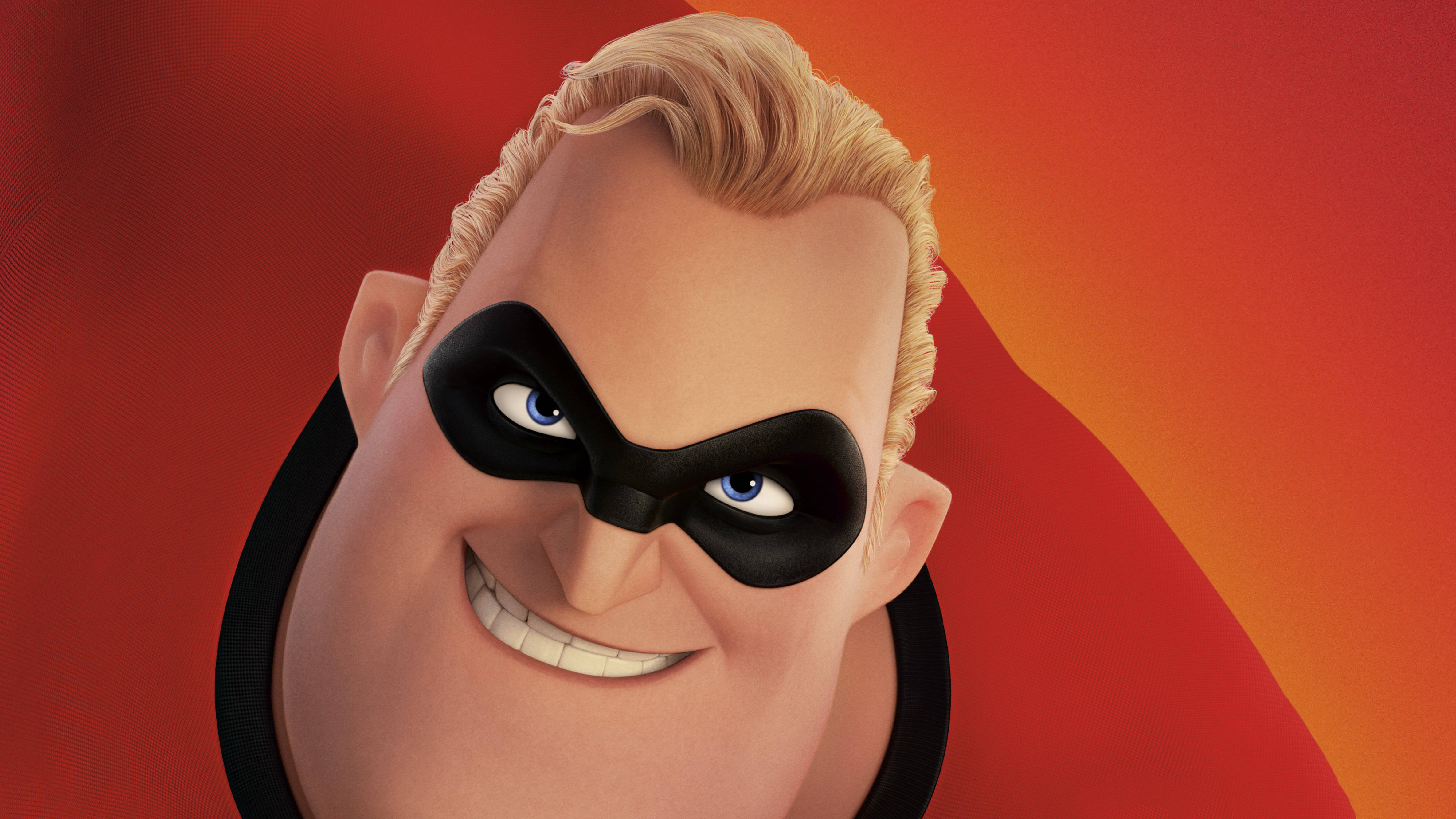 Incredibles 2 桌布 壁紙 — Mr. Incredible 戴著黑色面具自信微笑的特寫，背景是鮮豔的紅橙色漸變。