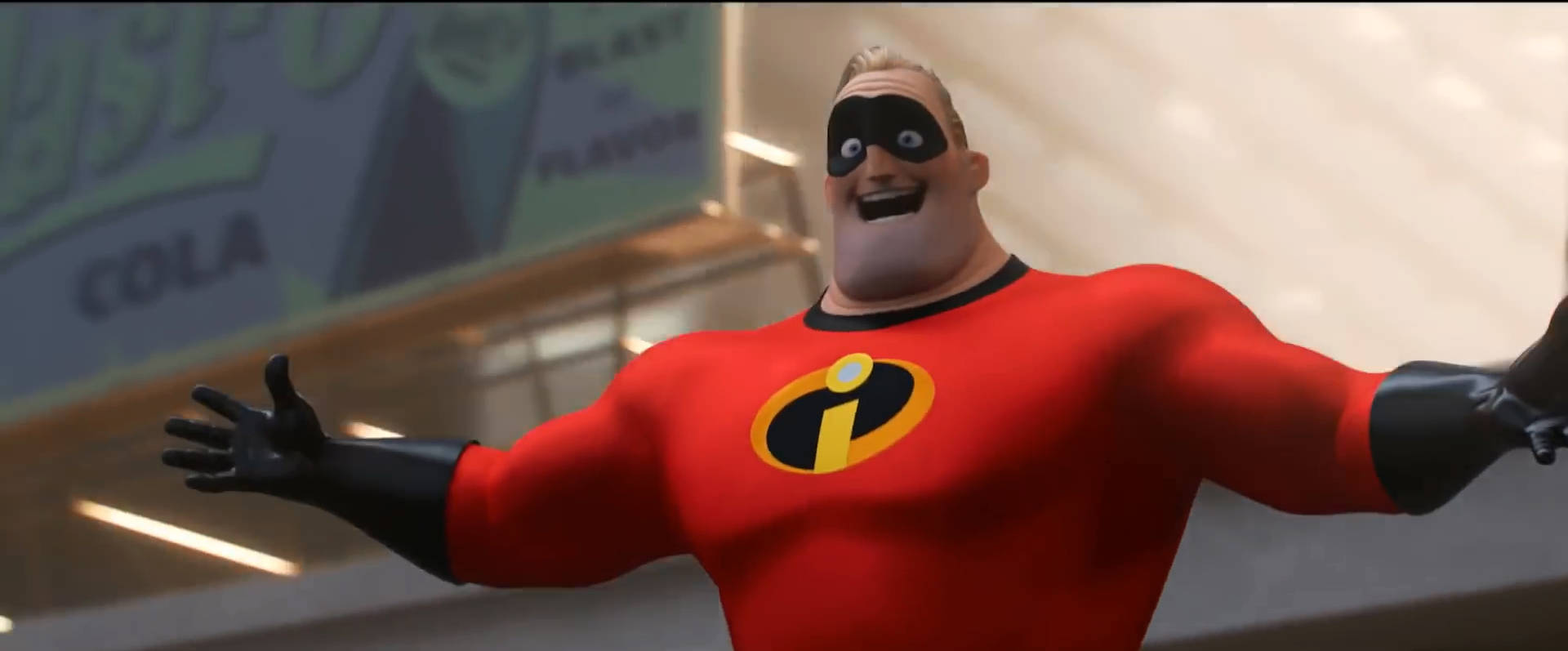Incredible 桌布 壁紙 — Mr. Incredible 穿著紅色超級英雄服裝，在光線明亮的室內環境中張開雙臂站立。