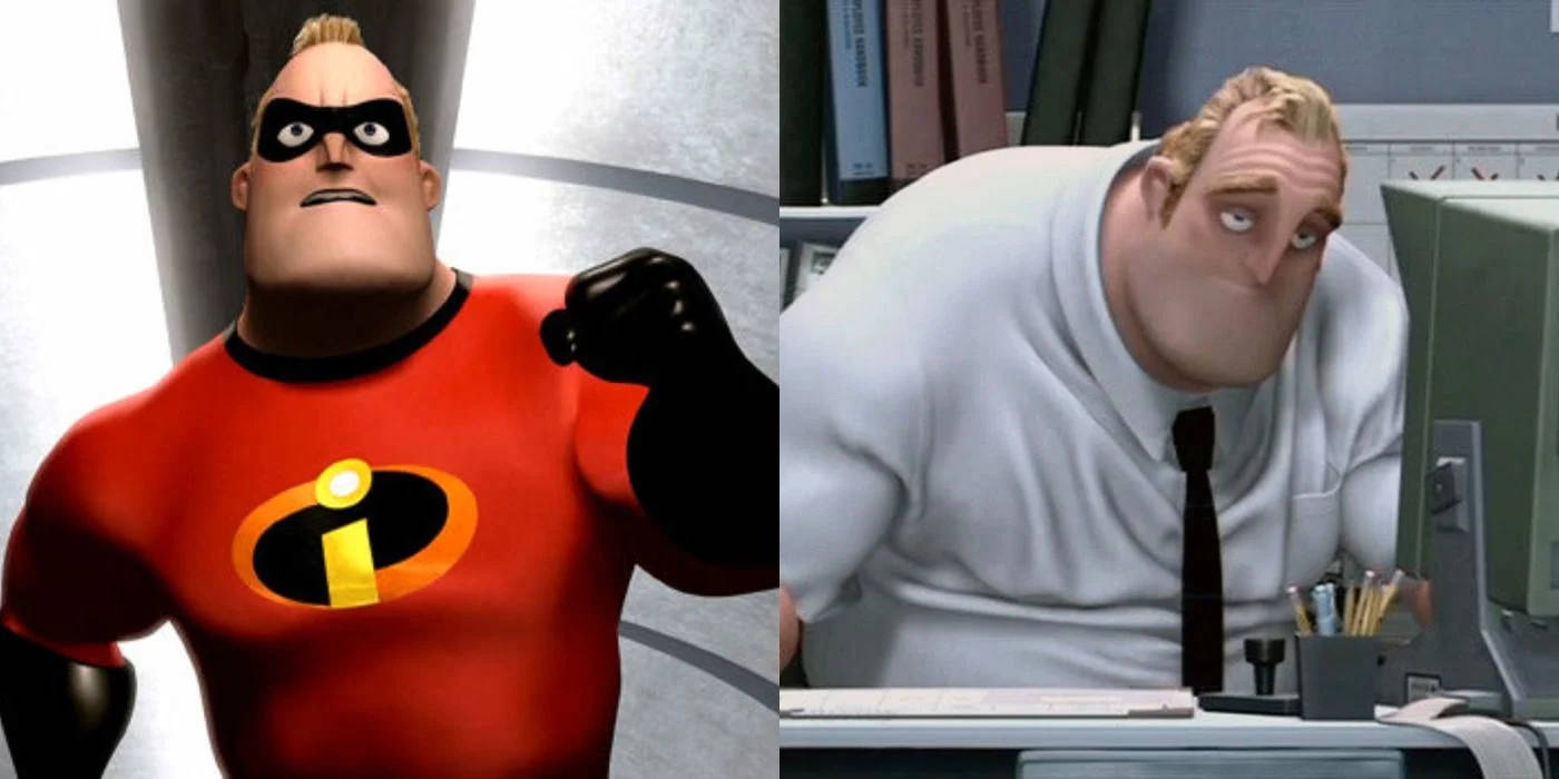 Incredible 桌布 壁紙 — Mr. Incredible 身穿超級英雄紅色戰衣和他在凌亂辦公室桌前的平民型態的分割畫面。