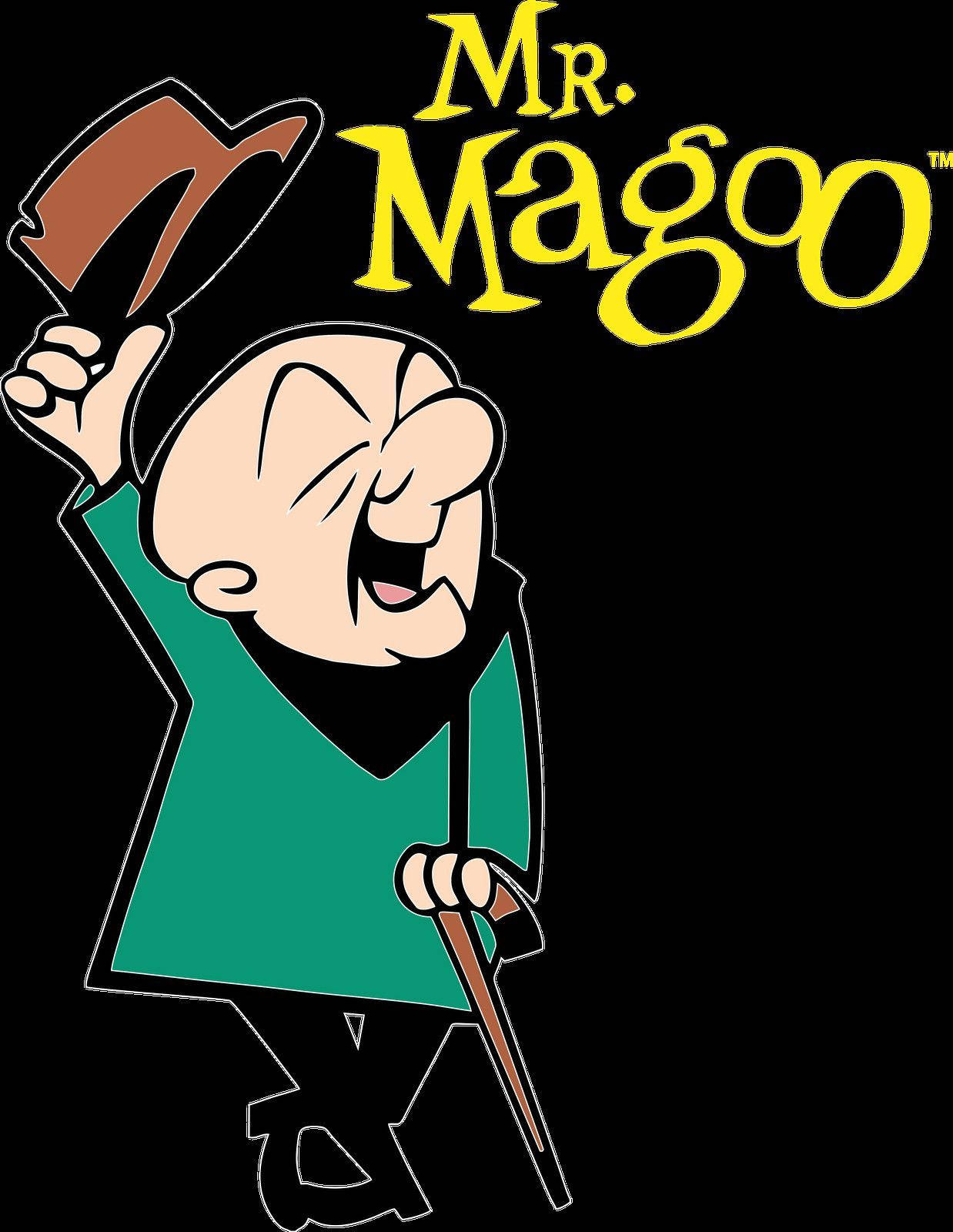 Magoo 桌布 壁紙 — Mr Magoo 卡通角色身穿綠色西裝，在黑色背景前用手杖掀帽。