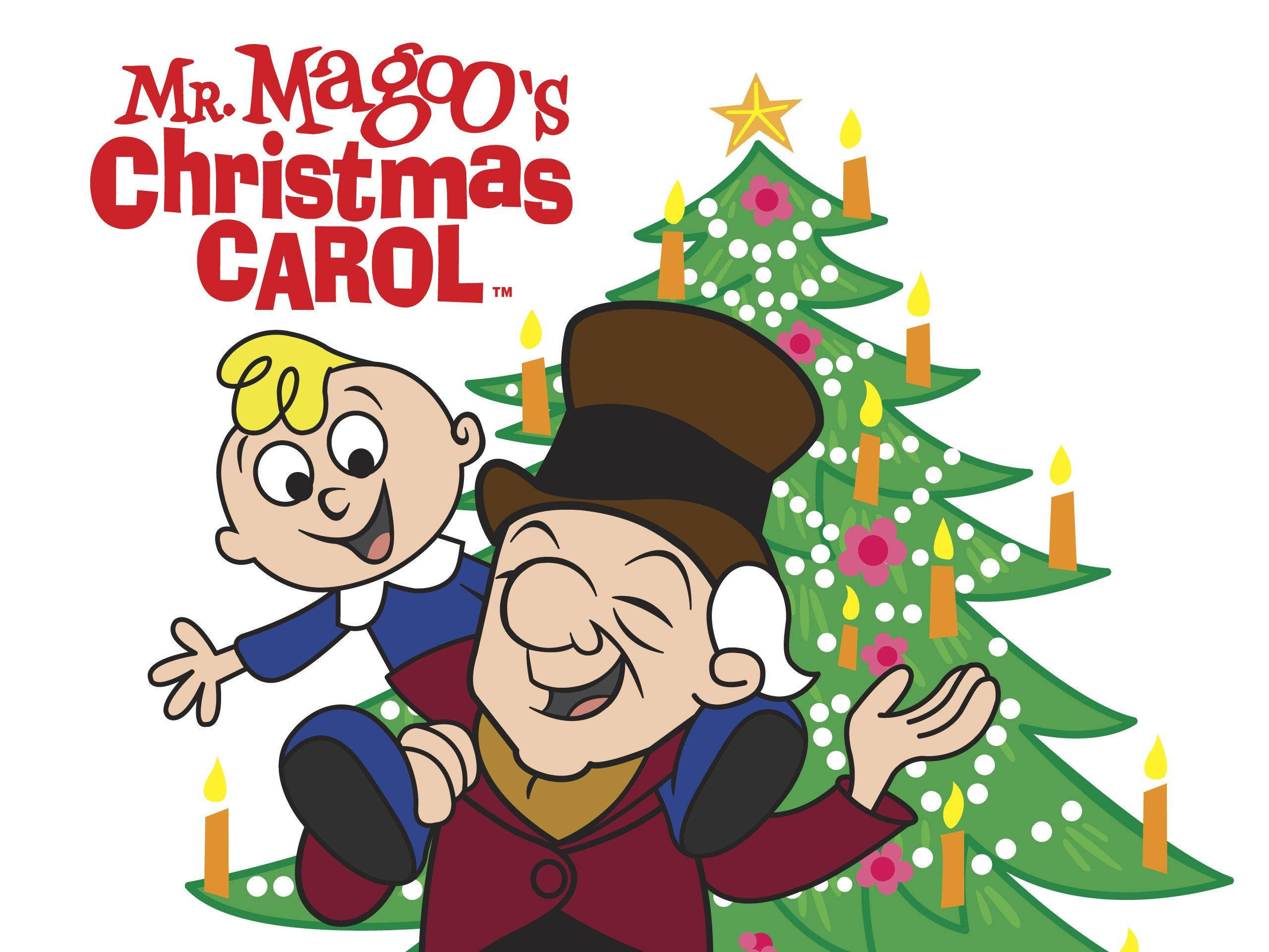 Magoo 桌布 壁紙 — Mr Magoo 和一個小孩在裝飾著蠟燭和花朵的聖誕樹前開心地擺姿勢。