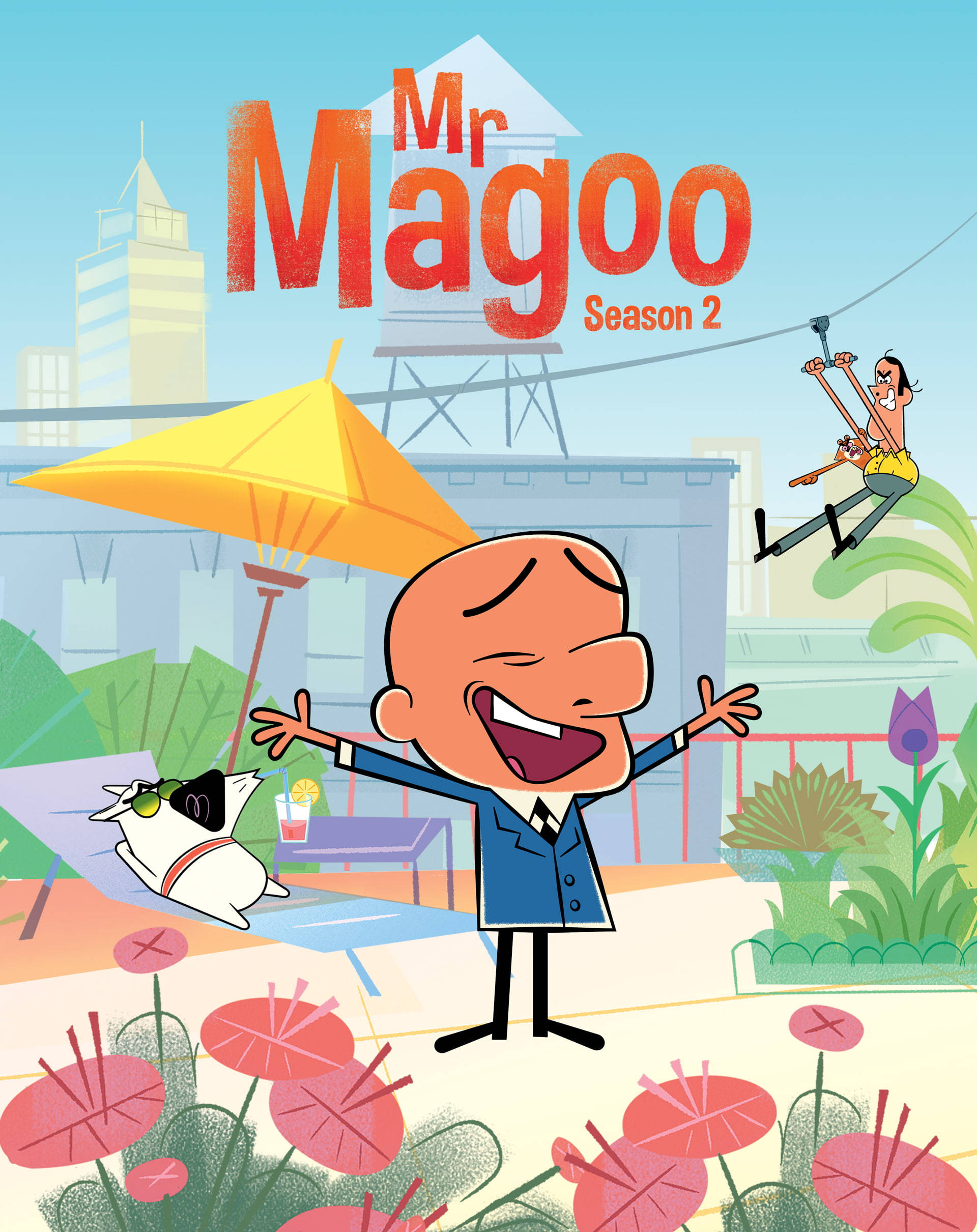 Magoo 桌布 壁紙 — Mr Magoo 在陽光明媚的花園中開懷大笑，他的狗在黃色傘下休息，一名男子滑索穿過城市景觀。