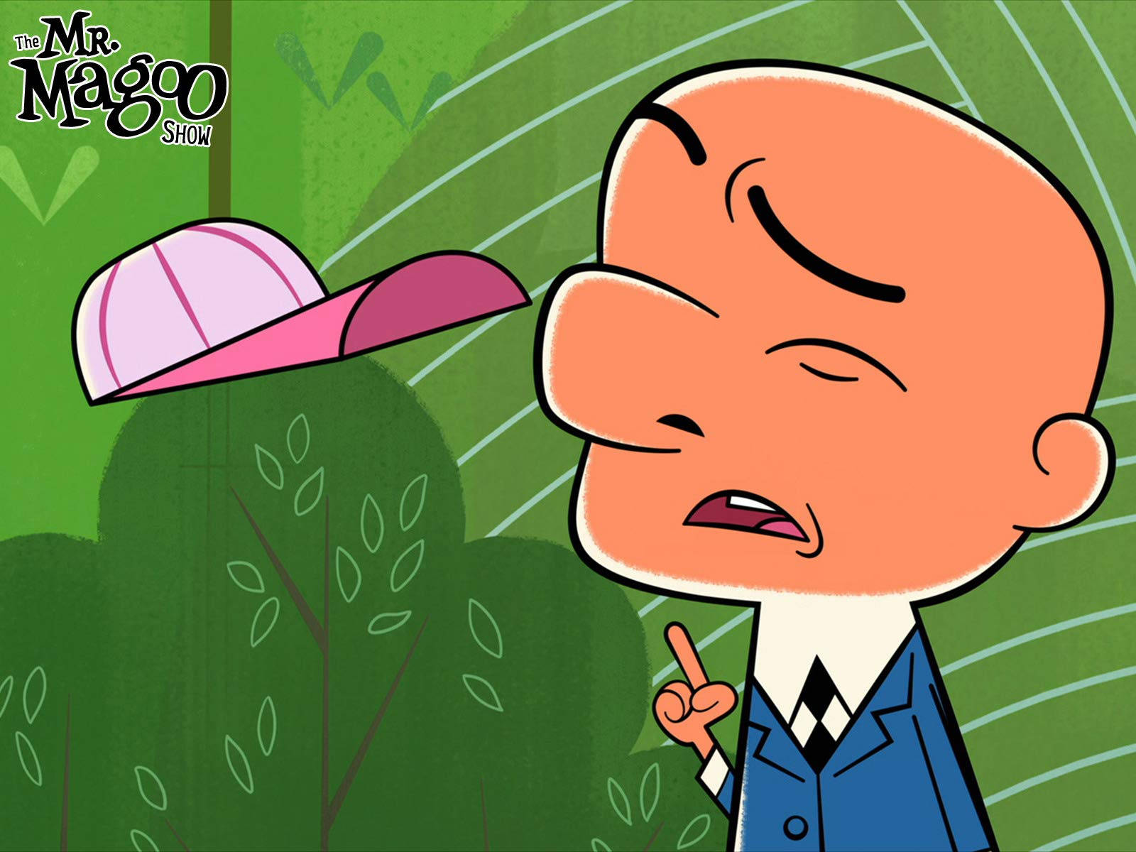 Magoo 桌布 壁紙 — Mr Magoo 身穿藍色西裝，在綠色樹葉背景前困惑地向上指。