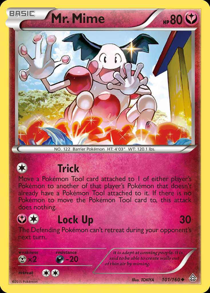 Pokemon Card 桌布 壁紙 — Mr. Mime，一隻粉紅色和白色的寶可夢，在明亮的戶外背景下愉快地用雙手揮手。