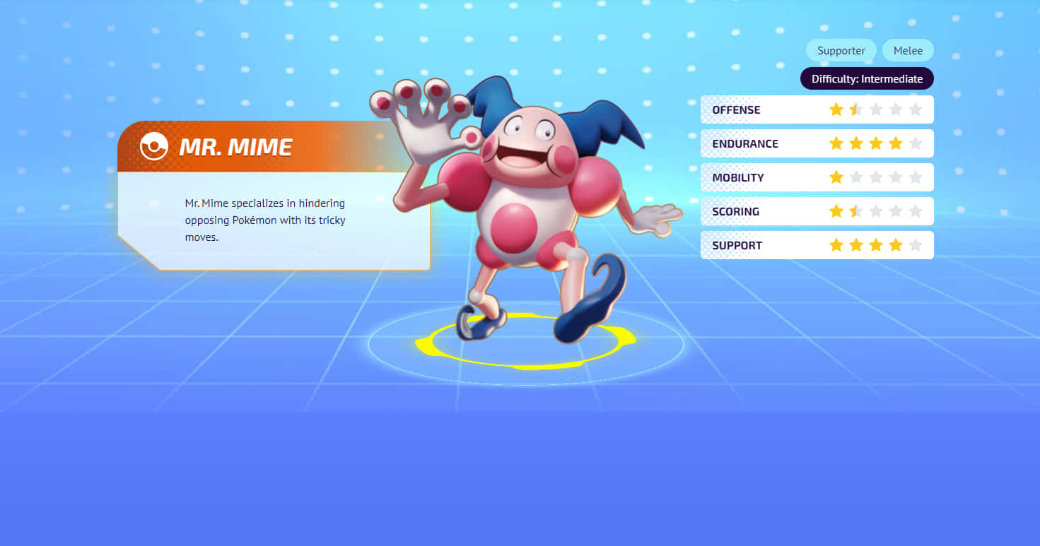 Pokemon Aesthetic 桌布 壁紙 — Mr. Mime，一隻粉紅色和藍色的寶可夢，在藍色網格背景上帶有統計數據覆蓋的發光黃色圓圈上快樂地跳舞。