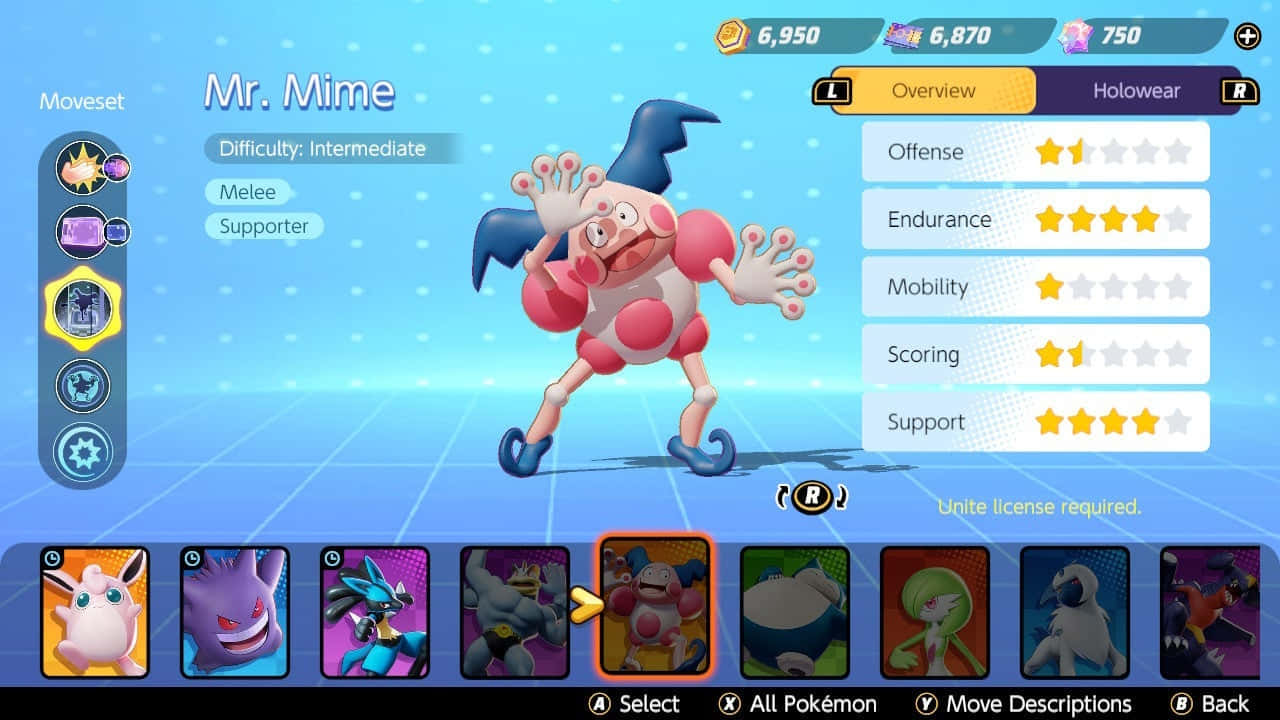 Pokemon Aesthetic 桌布 壁紙 — Mr. Mime 站在 Pokémon 遊戲選單中，周圍顯示統計數據和招式圖示。
