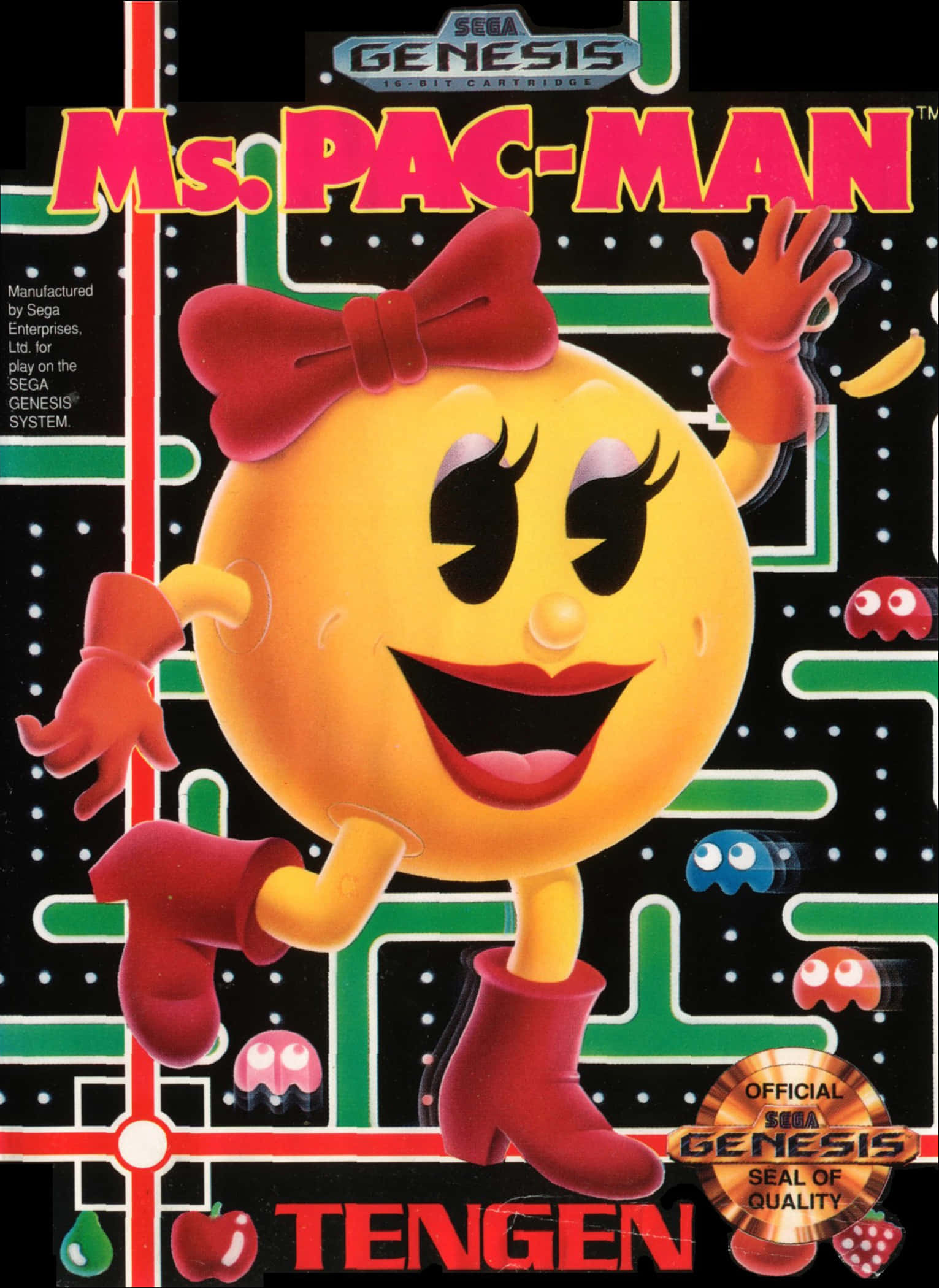 pac man 桌布 壁紙 — Ms Pac Man 在色彩繽紛的迷宮中快樂地跳舞，周圍有鬼魂和水果。