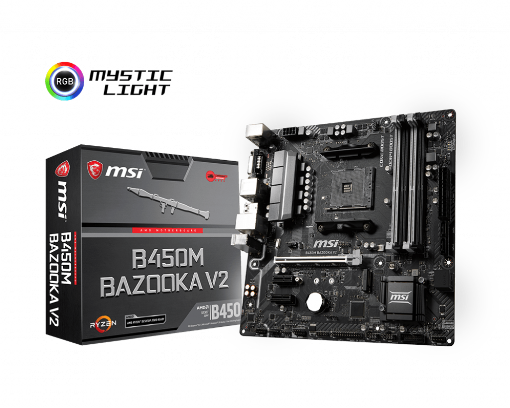 Motherboard 桌布 壁紙 — MSI B450M BAZOOKA V2 主機板及其包裝盒在黑色背景上展示，帶有RGB燈光標誌。