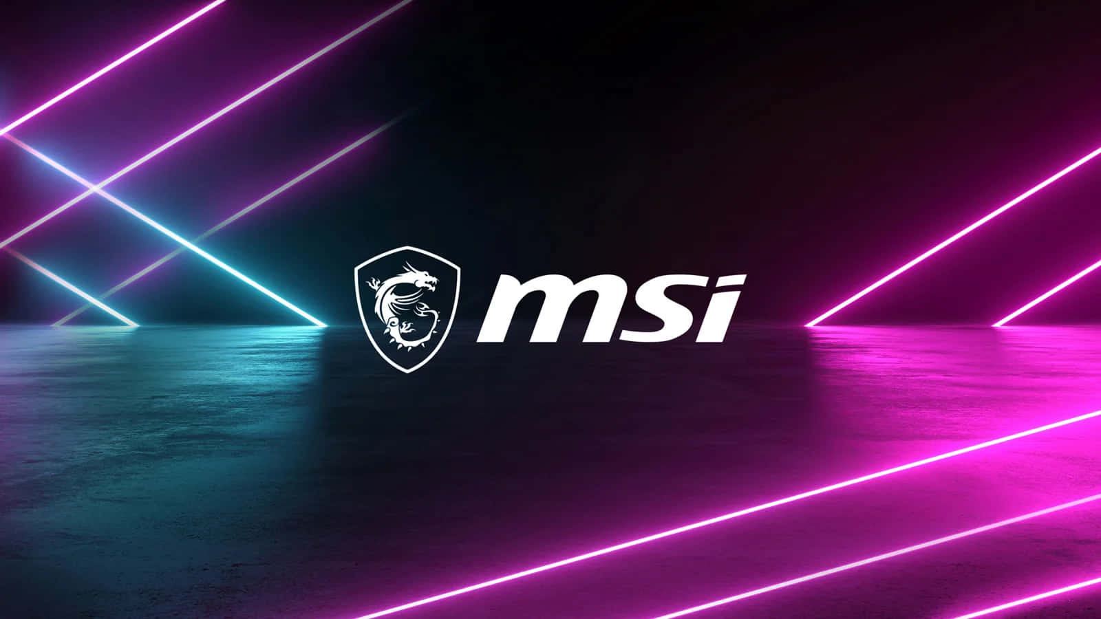微星 桌布 壁紙 — MSI 標誌置於黑暗房間中央，由充滿活力的粉紅色和青色霓虹燈光條照亮。