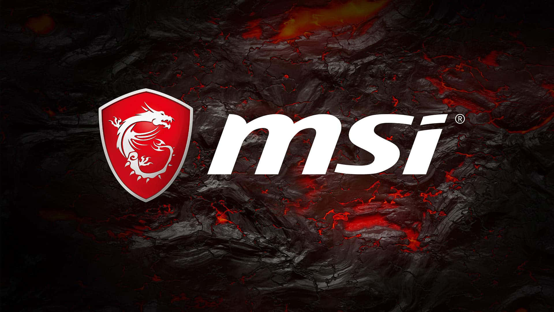 微星 桌布 壁紙 — MSI 標誌配紅色龍紋章，位於黑暗裂紋熔岩背景上，散發火紅高光。