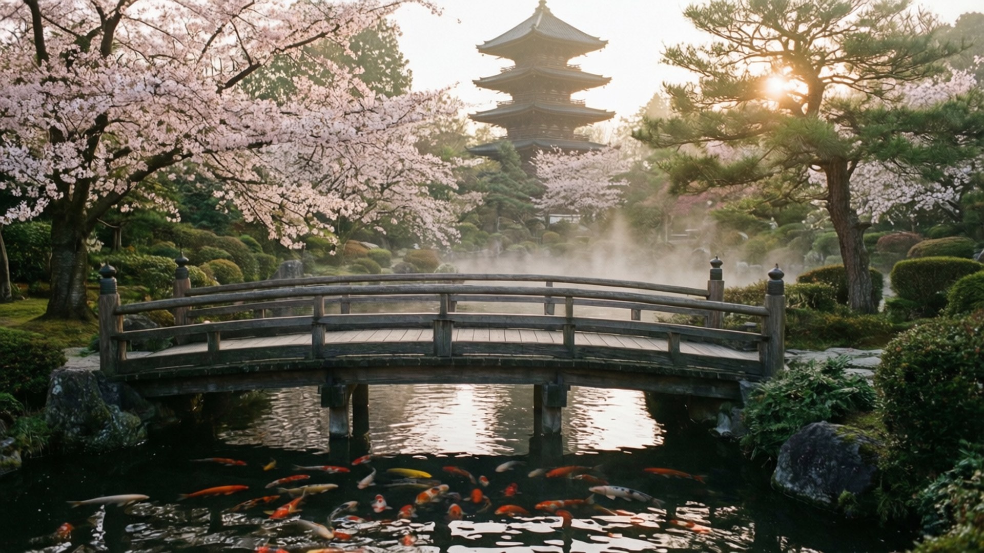 木橋橫跨錦鯉池，櫻花盛開，寶塔在霧氣瀰漫的日出花園中 — 3440X1440 壁紙