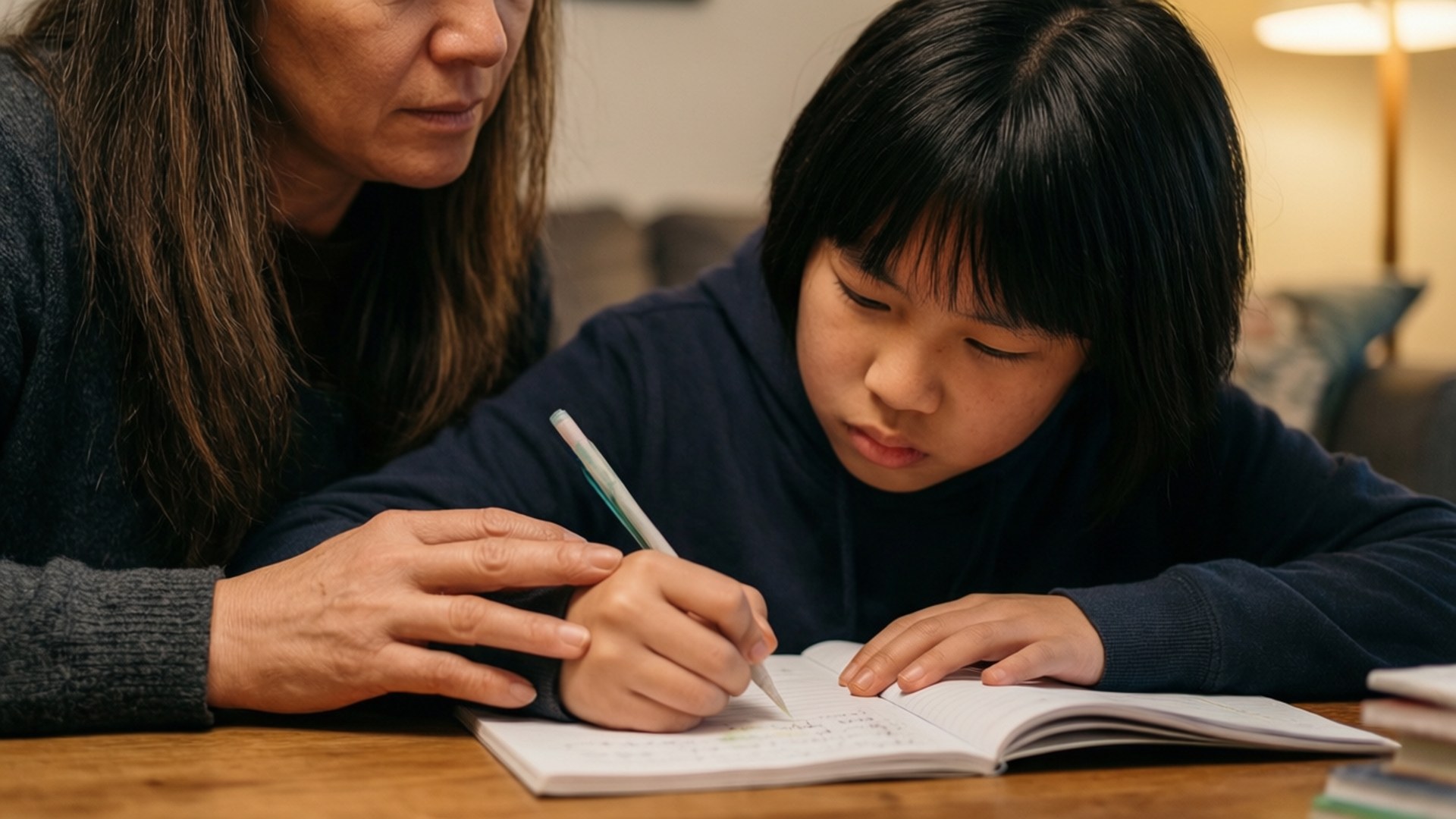Altruism 桌布 壁紙 — 一位女士在溫暖的室內燈光下，於木桌上輕輕引導孩子的手一起寫筆記本。
