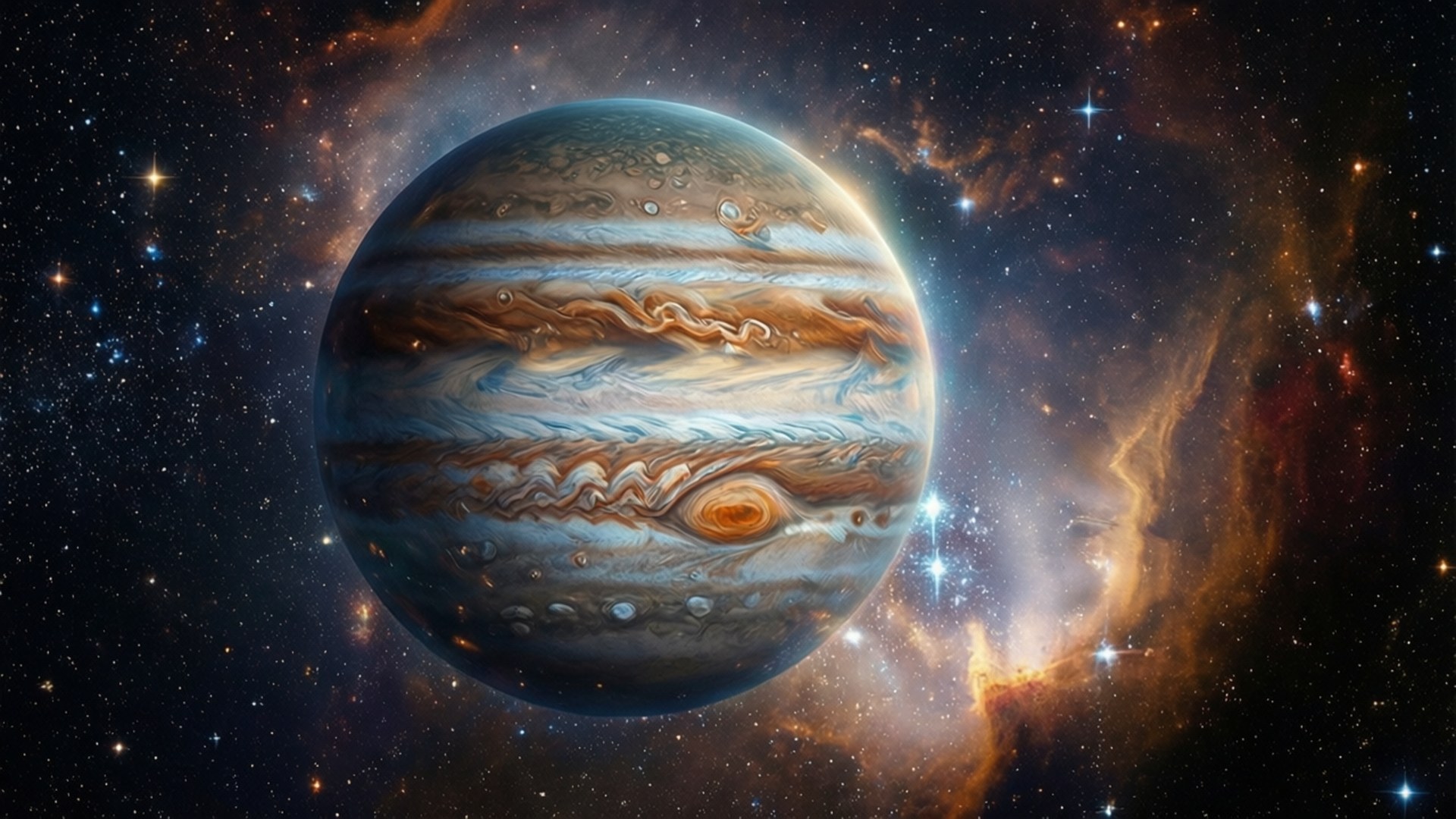 Jupiter in Nebula 壁紙 — 木星主導整個畫面，呈現出橙色、棕色和白色雲層的漩渦帶，背景是星場和發光的星雲。