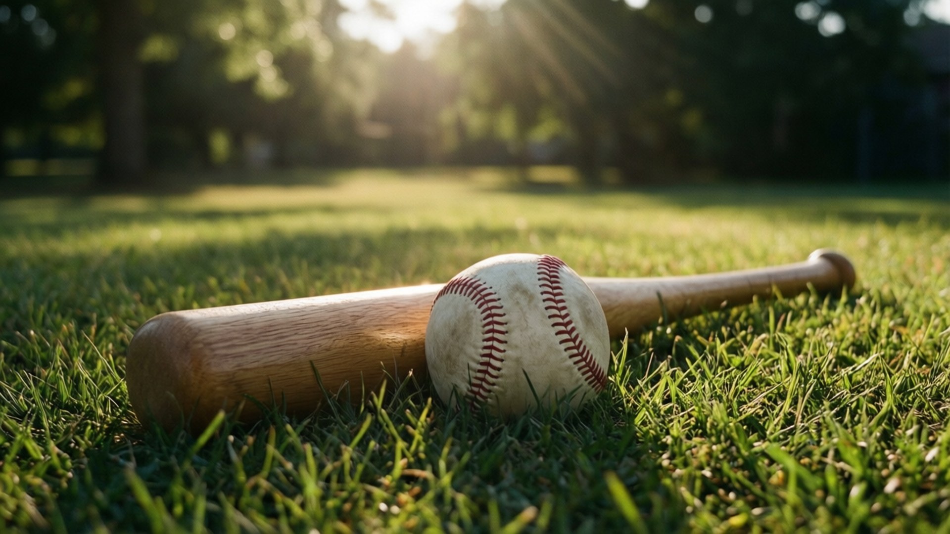 Bat and Ball at Rest 壁紙 — 一個木製棒球棒和一個有紅色縫線的白色棒球在溫暖金色陽光下放在鮮綠色草地上。