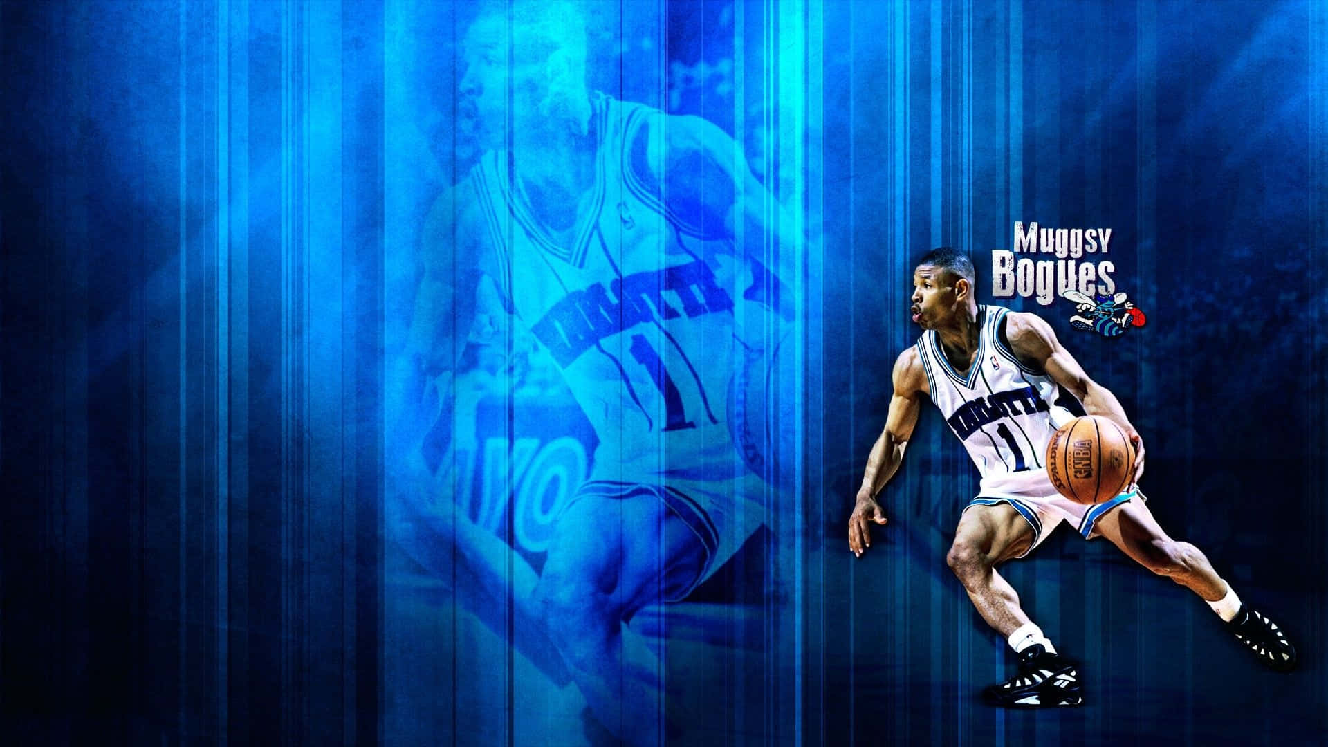 桌布 壁紙 — Muggsy Bogues 在動態藍色燈光數位藝術場景中運球，帶有自己半透明的幽靈重疊影像。