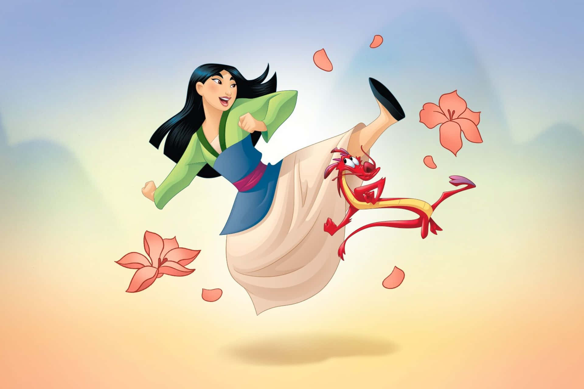  壁紙 — 花木蘭與她的龍同伴在空中動態跳躍，周圍漂浮著粉紅色的花朵，背景是柔和的漸變天空。