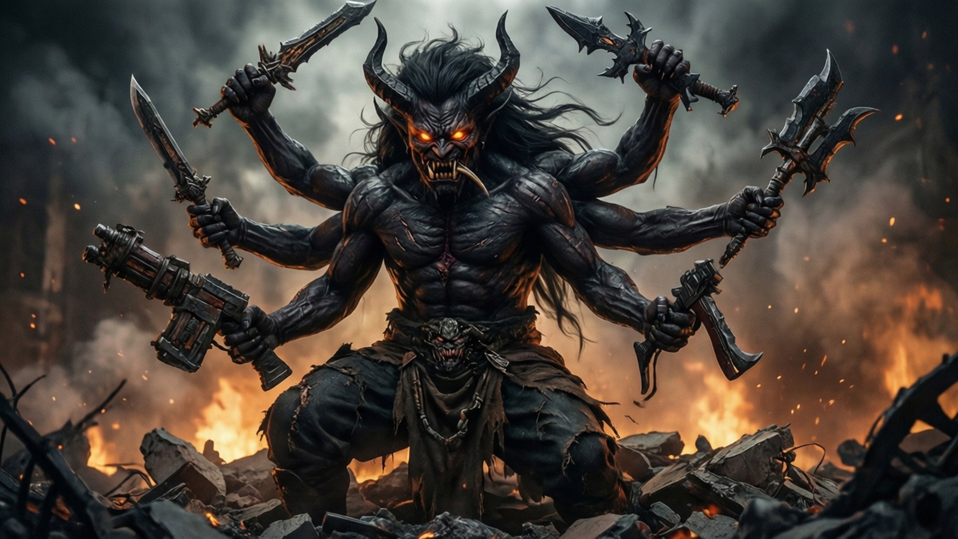 Multi-Armed Demon 壁紙 — 一個多臂惡魔戰士，擁有發光的橙色眼睛和角，在燃燒的瓦礫和煙霧中揮舞武器。