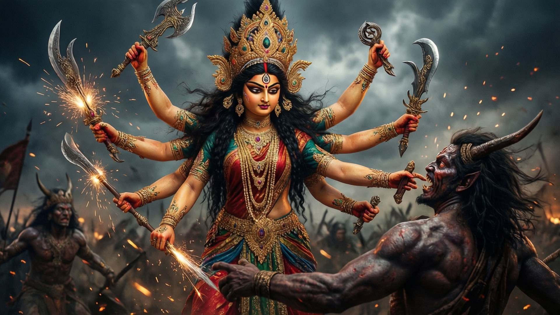 Navratri 桌布 壁紙 — 一位多臂女神，戴著華麗的金冠，身穿紅綠服飾，在暴風雨的天空下揮舞武器對抗惡魔敵人。