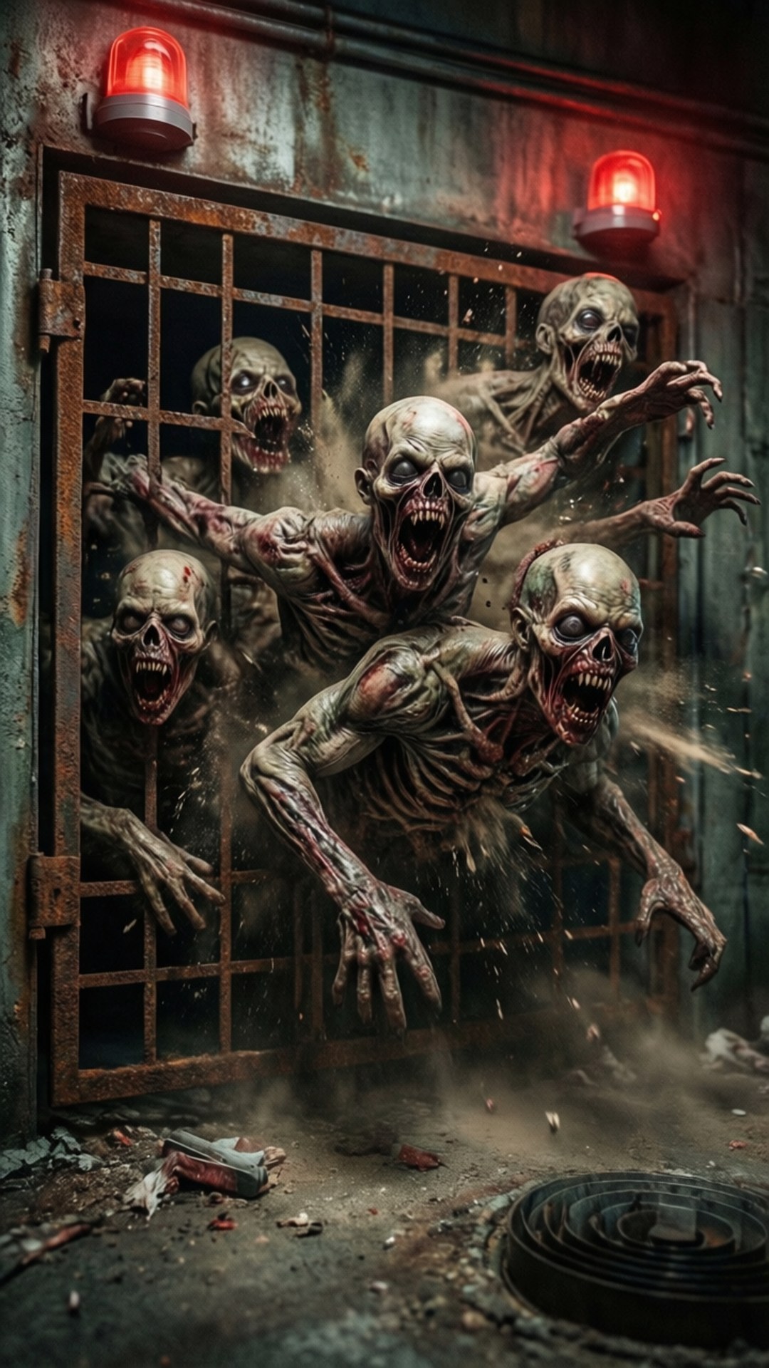 Necromorphs from Vents 壁紙 — 多個怪異的殭屍在紅色應急燈下衝破一扇生鏽的鐵欄門，處於骯髒的工業環境中。