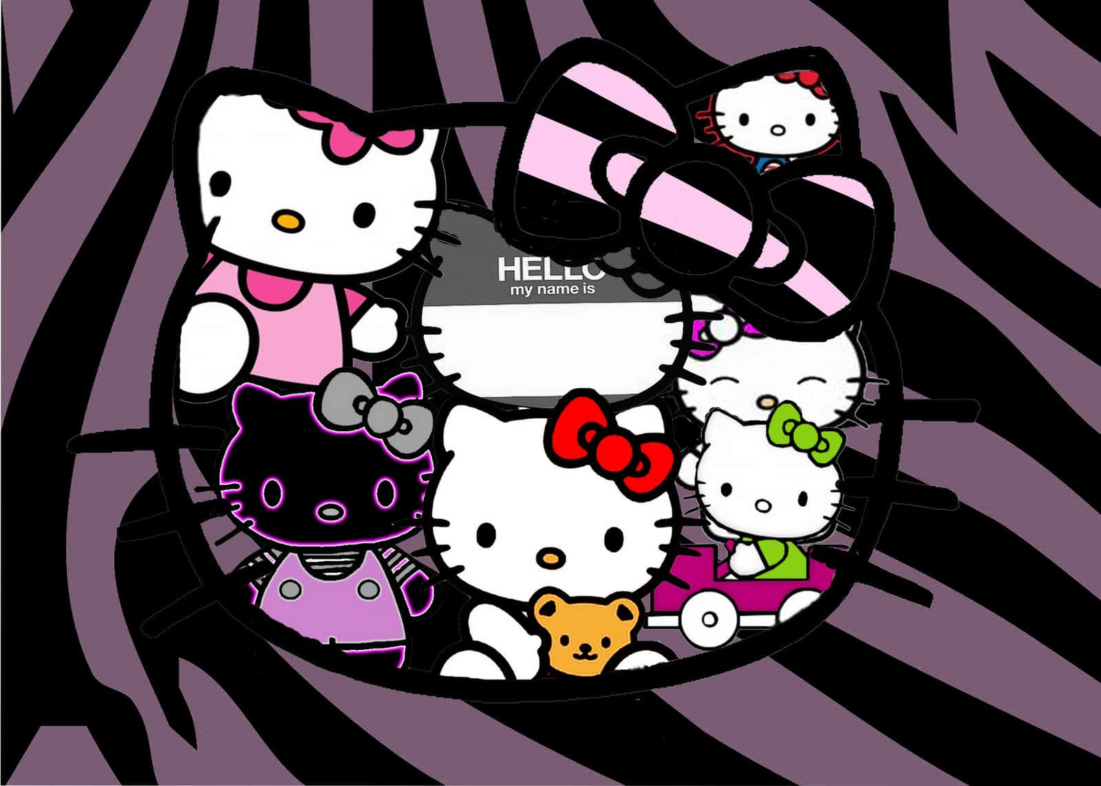 Hello Kitty角色戴著蝴蝶結和玩具，斑馬條紋背景 — Hello Kitty 壁紙