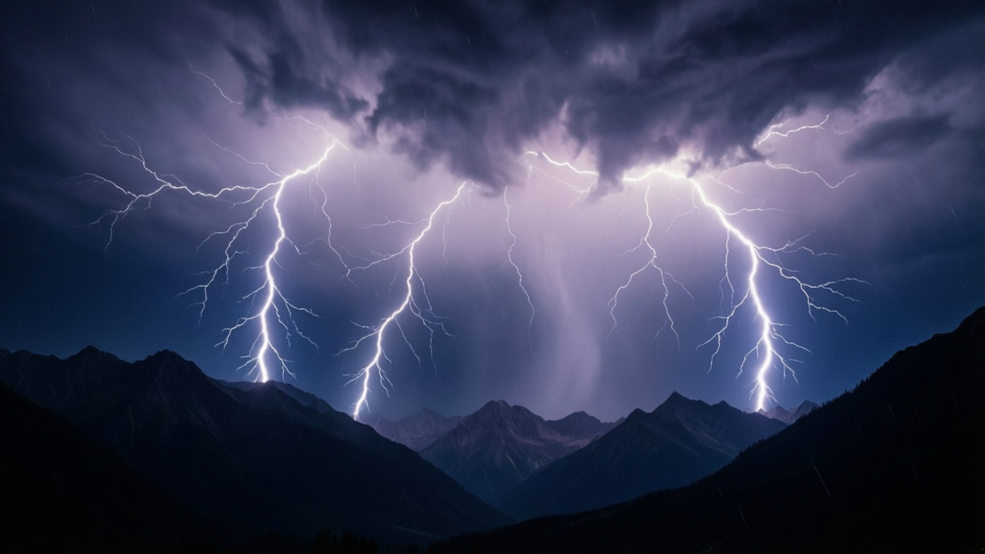 Lightning Storm 壁紙 — 多道鋸齒狀閃電照亮了夜晚黑暗山峰上方暴風雨般的紫色天空。