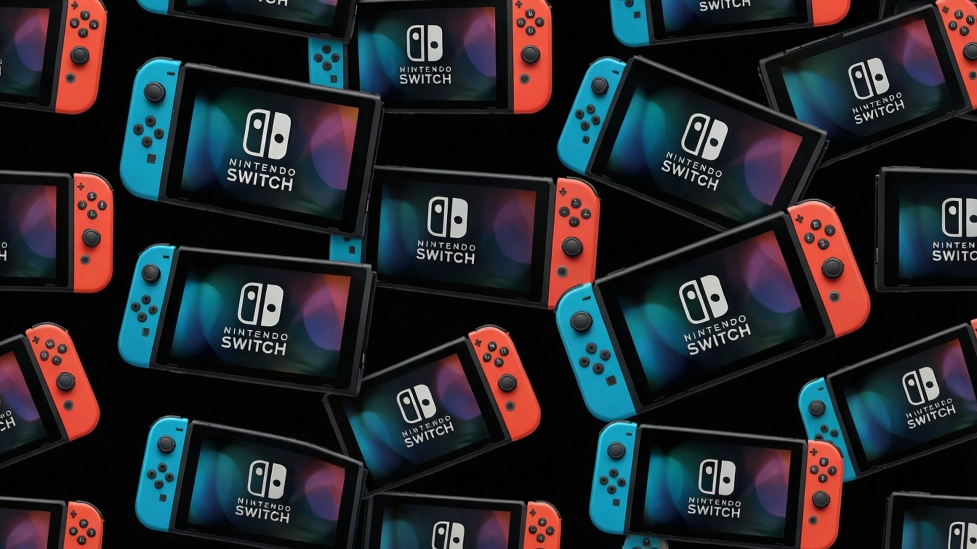 Pattern Play 壁紙 — 多個紅藍色的Nintendo Switch主機散落在黑色背景上，螢幕上顯示標誌。