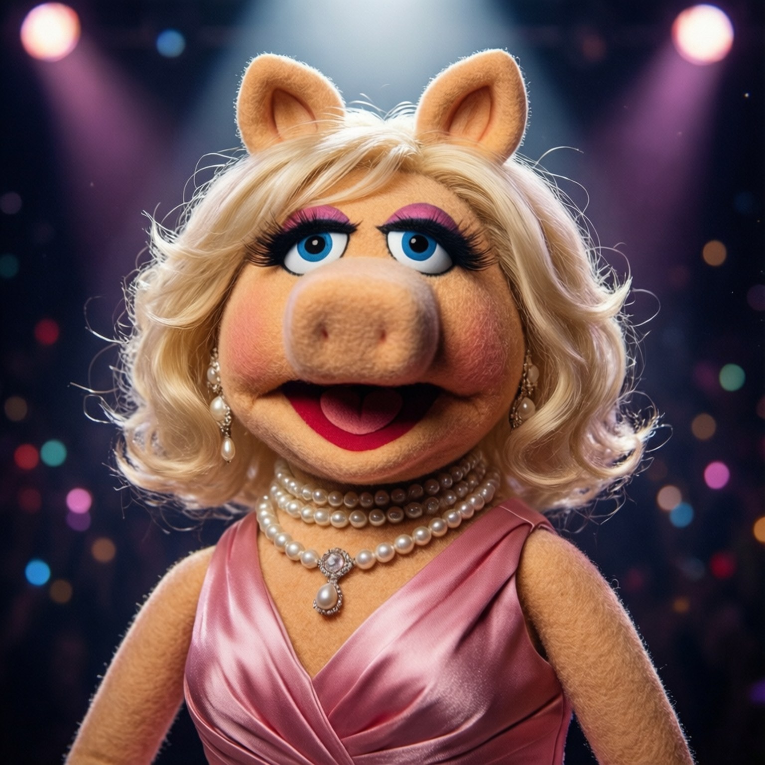 The Muppet Show 桌布 壁紙 — Muppet 豬小姐穿著粉紅色緞面連衣裙和珍珠項鍊，在色彩繽紛的散景背景的舞台燈光下微笑。