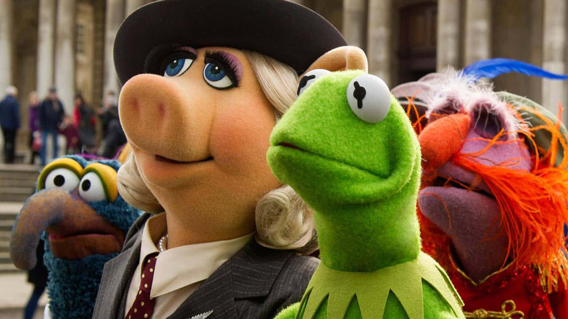 Animal Muppet 桌布 壁紙 — Muppet 角色穿著正式服裝，在戶外一起擺姿勢，背景是一座宏偉的建築。