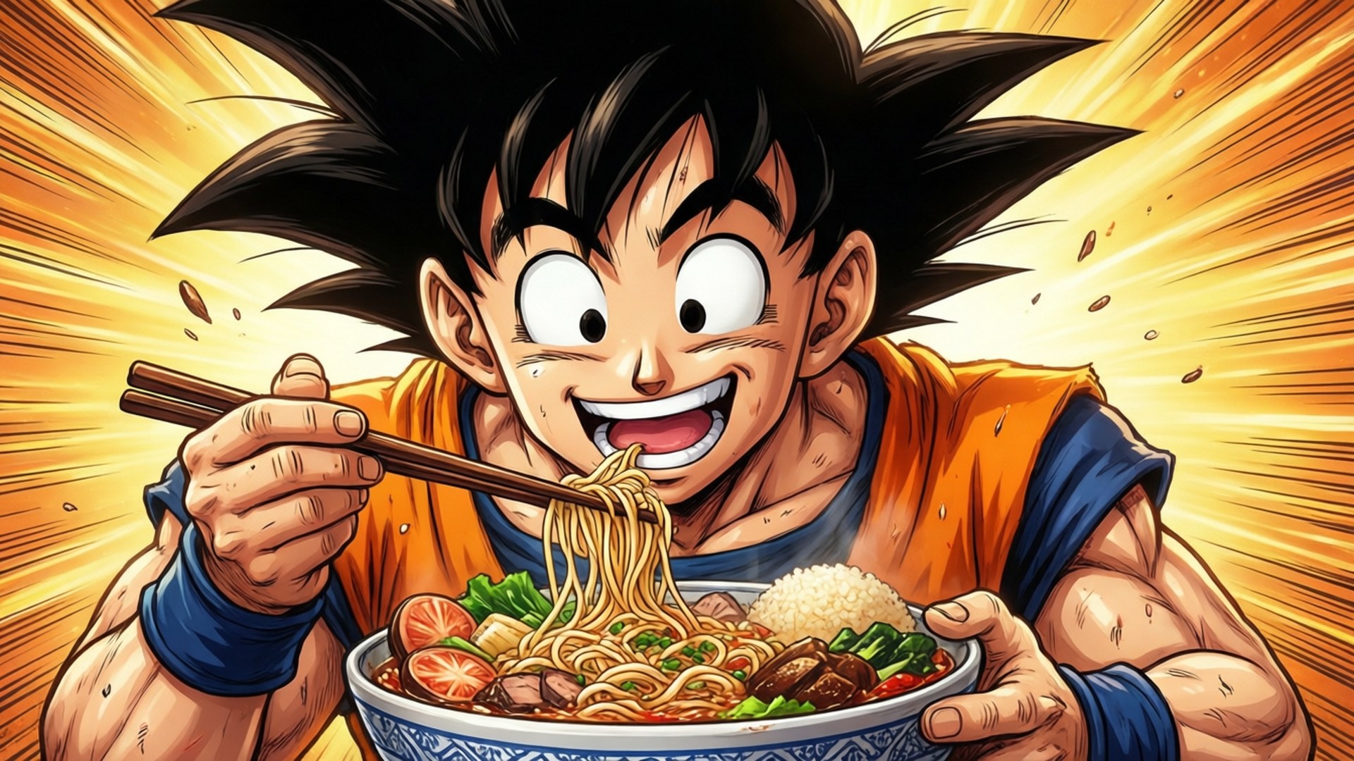 Goku Eating Meme 壁紙 — 一個肌肉發達、黑色刺蝟頭的動畫男孩，在明亮的黃色背景前，愉快地從冒煙的碗裡吸食麵條。