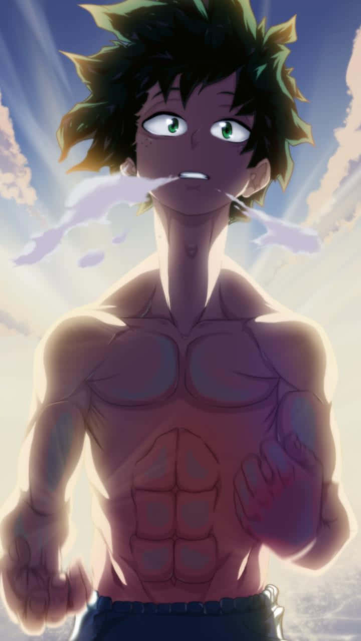  壁紙 — 一個肌肉發達的動漫男孩，擁有綠色眼睛和尖刺頭髮，在明亮的天空下散發著發光的能量流，強勢站立。