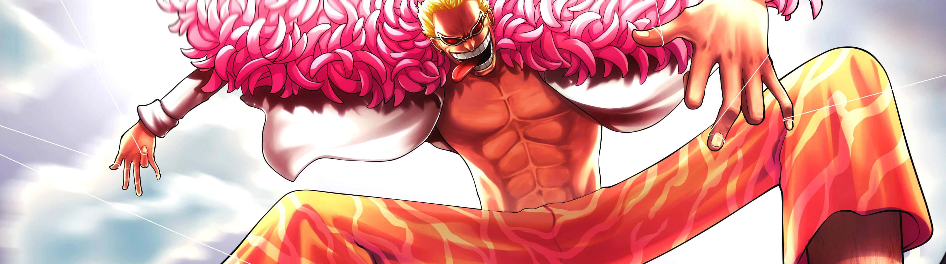 Donquixote Doflamingo 桌布 壁紙 — 一個肌肉發達的動漫角色，粉紅色頭髮和橙色虎紋褲，在陰雲密佈的天空下動態跳躍。