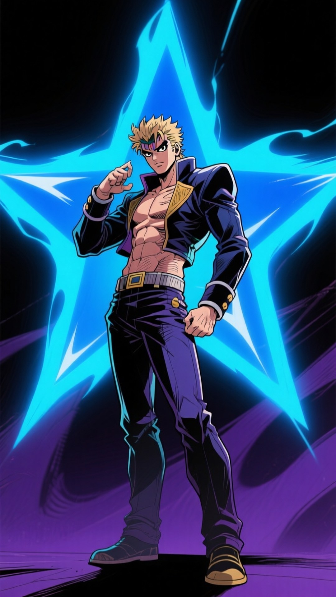 Jotaro and Star Platinum 壁紙 — 一個肌肉發達、金髮尖刺的動漫男子，自信地穿著深紫色西裝，站在發光的藍色星爆背景前。