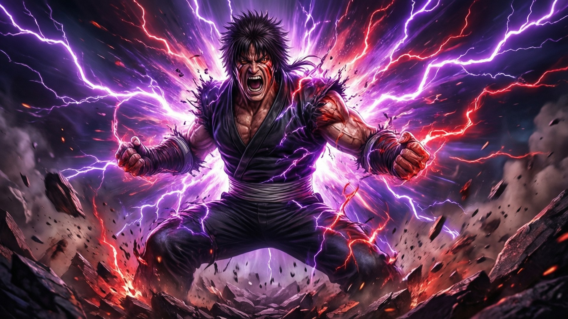 kazuya mishima 桌布 壁紙 — 一個肌肉發達的動漫戰士咆哮著，紫色和紅色的閃電在他周圍的破碎岩石中劈啪作響。