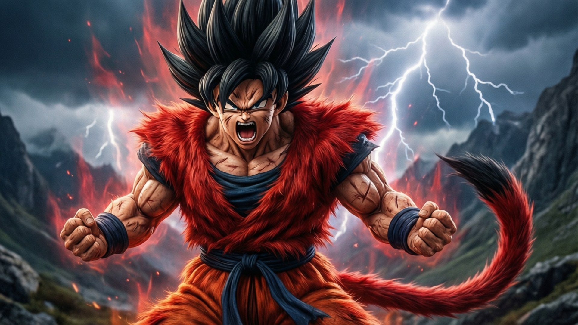 Primal Saiyan Power 壁紙 — 一個肌肉發達的動漫戰士，擁有黑色尖刺頭髮和紅色毛皮盔甲，在雷電交加的暴風雨山脈背景下猛烈咆哮。