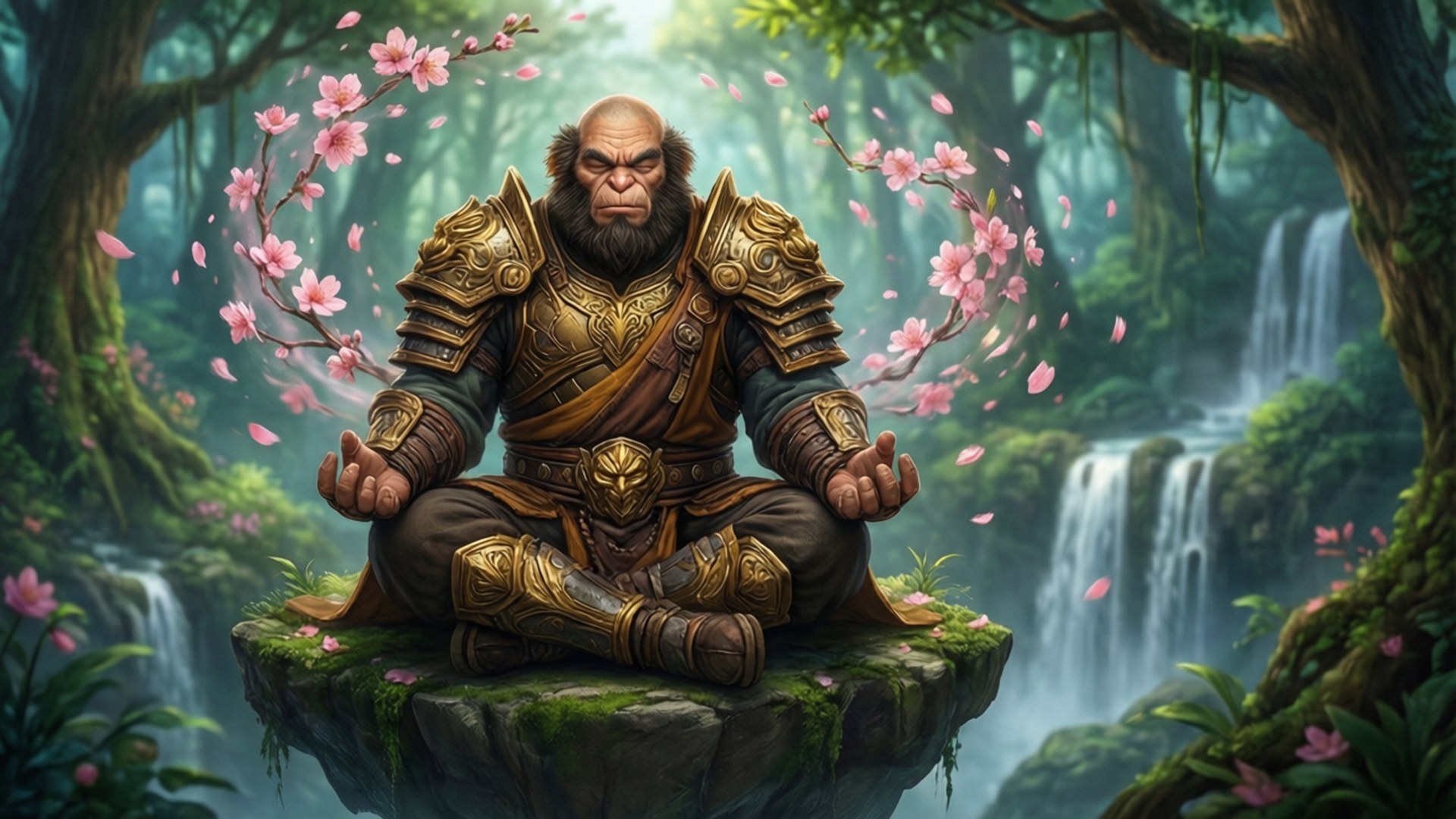 Monk's Meditation 壁紙 — 一個肌肉發達的猿人戰士穿著華麗的金色盔甲，在長滿苔蘚的懸崖上平靜地冥想，周圍是飄落的櫻花和層疊的瀑布。