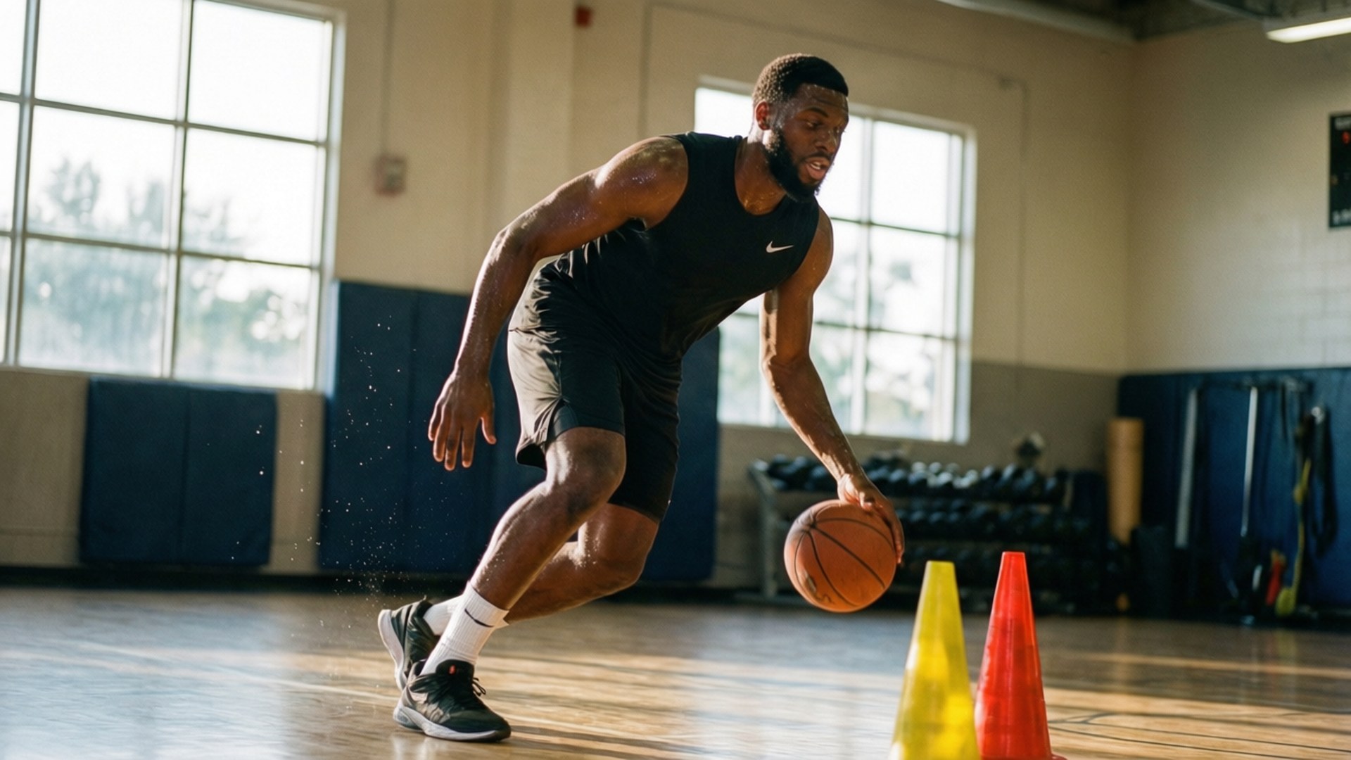 Training Drills 壁紙 — 一位肌肉發達的籃球運動員在陽光明媚的體育館中，在橙色和黃色錐體之間激烈運球。