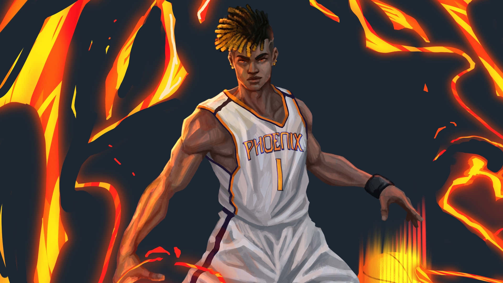身穿鳳凰隊球衣的運動員被火焰包圍 — NBA 壁紙