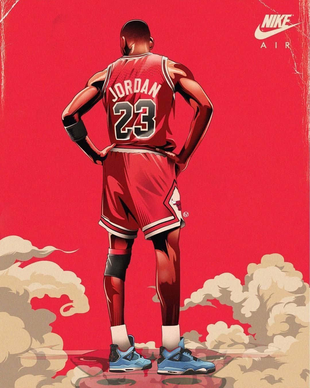 身穿紅色球衣的麥可喬丹背面站在雲上，上方有Nike Air標誌。 — Jordan Logo 壁紙