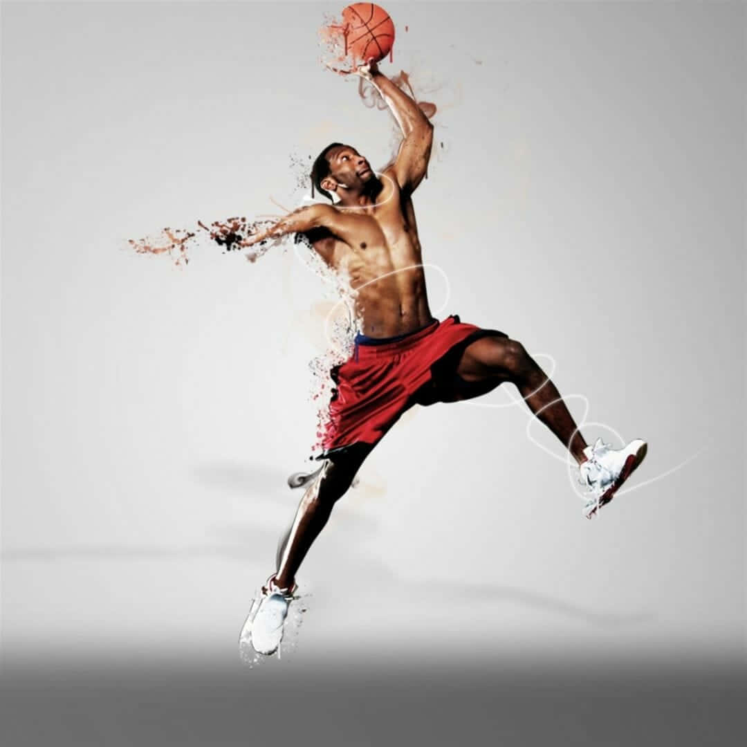 身穿紅色短褲的運動員以油漆飛濺效果灌籃籃球。 — NBA 壁紙