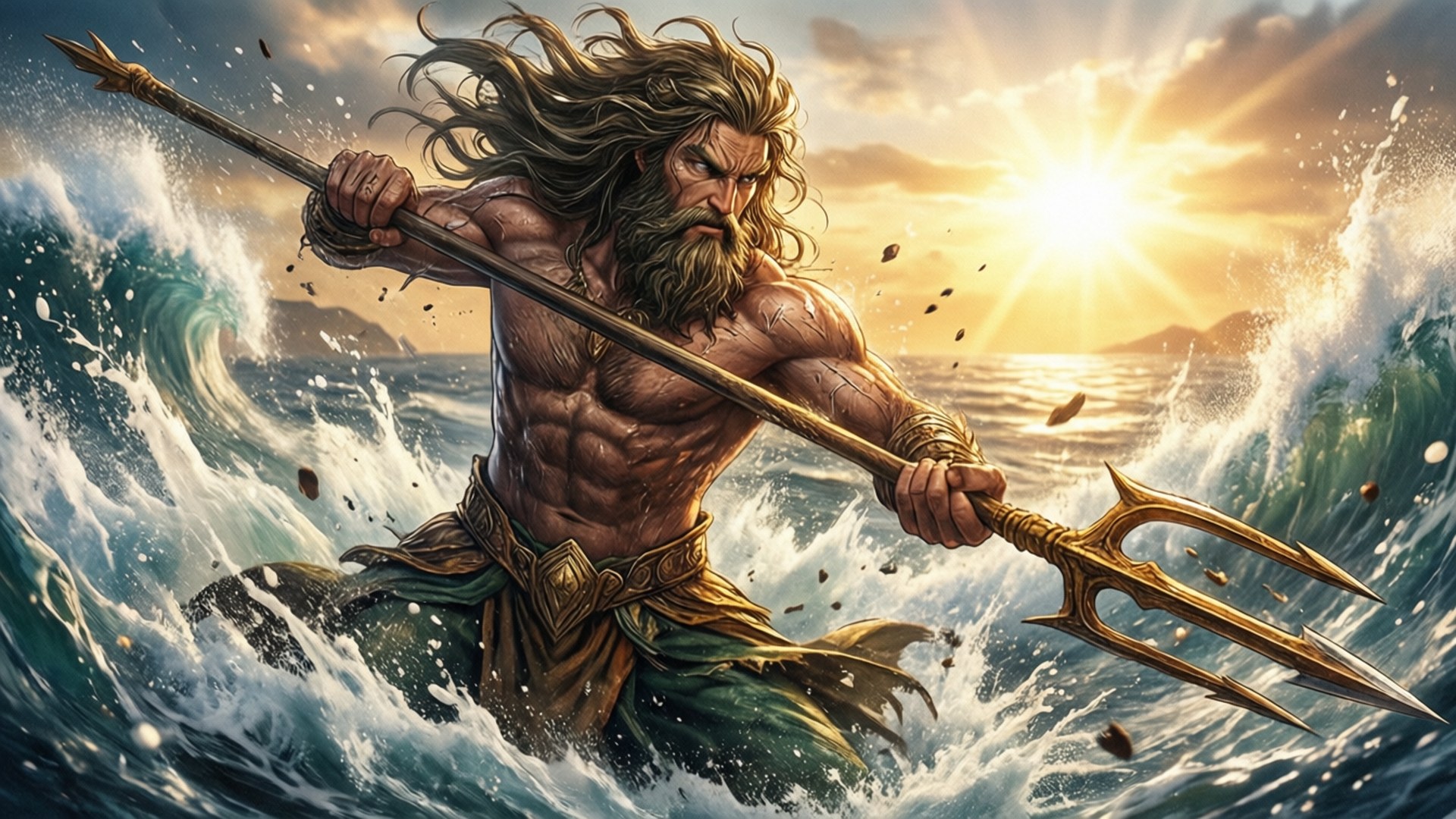 Poseidon 桌布 壁紙 — 一位肌肉發達、鬍鬚濃密、頭髮狂野的神，在熾熱的太陽下，於洶湧的海浪中揮舞著金色三叉戟。